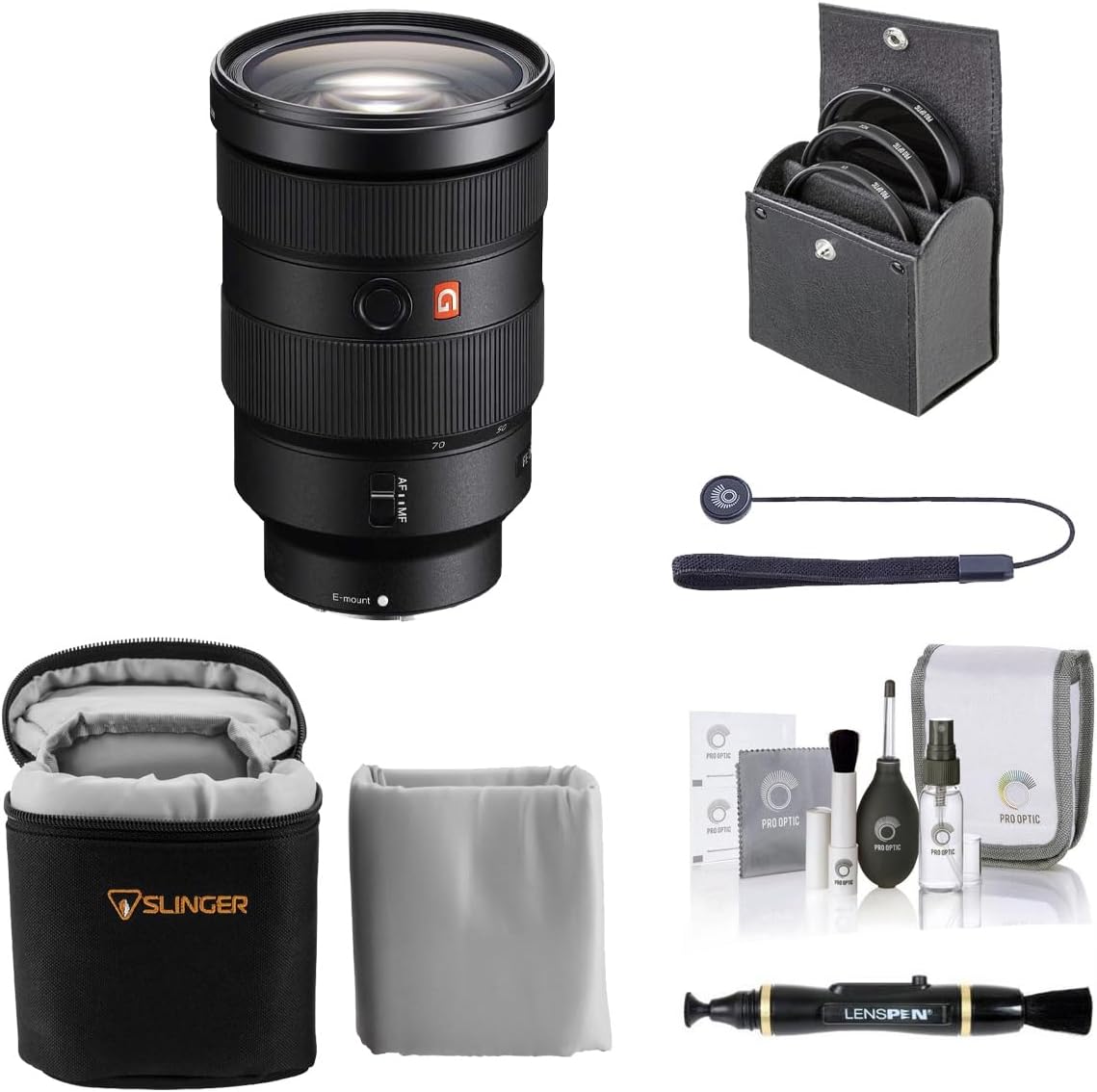 Obiettivo Sony FE 24-70 mm f/2.8 GM per Sony E, pacchetto con kit filtro da 82 mm, custodia per obiettivo, detergente per obiettivi, kit di pulizia, copriobiettivo