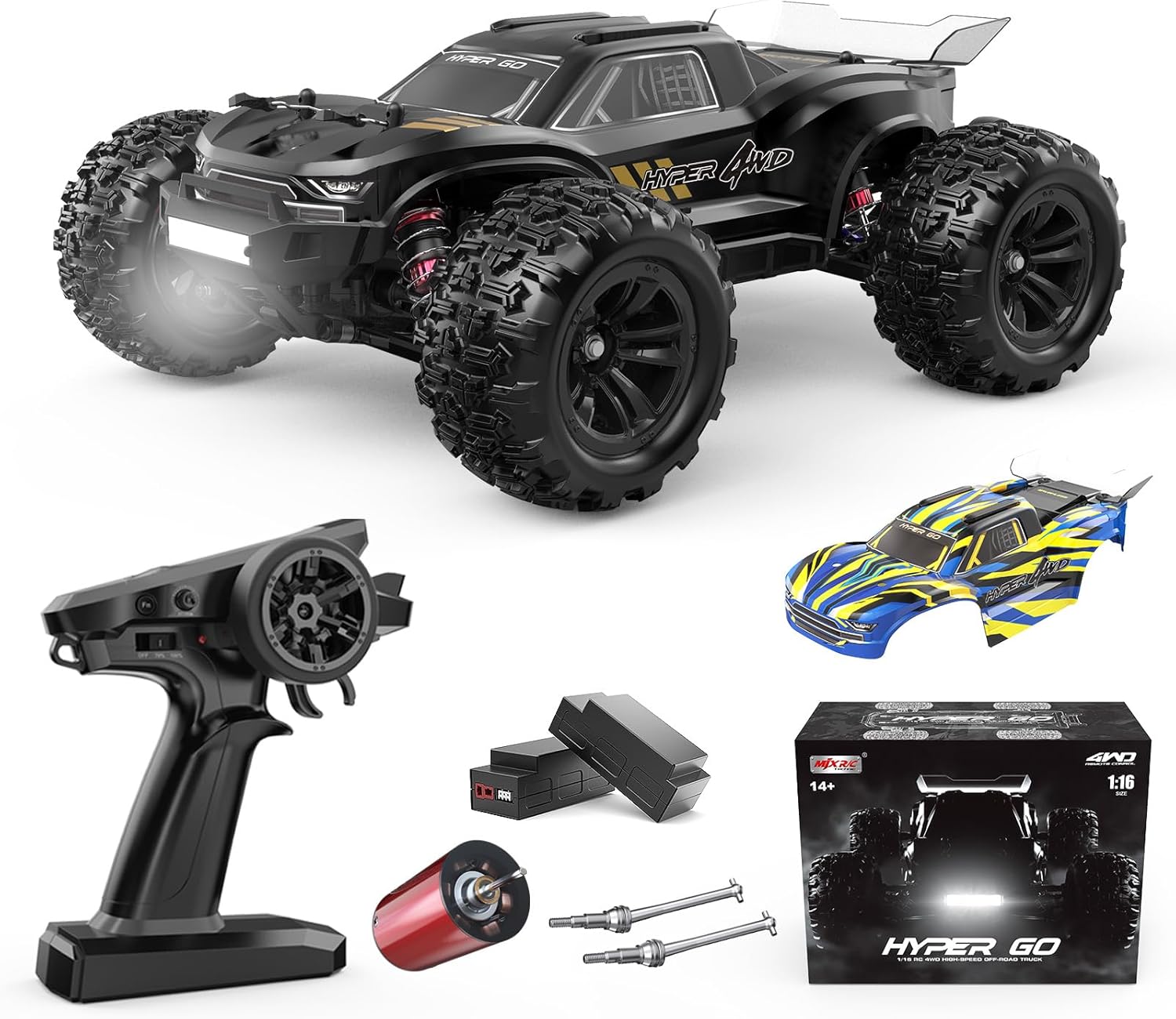 Voitures télécommandées rapides HYPER GO H16BM 1/16 RTR pour adultes, camion télécommandé électrique tout-terrain à une vitesse maximale de 42 km/h, voiture télécommandée 4X4 avec 2 batteries Lipo pour adulte, compatible 3S Lipo