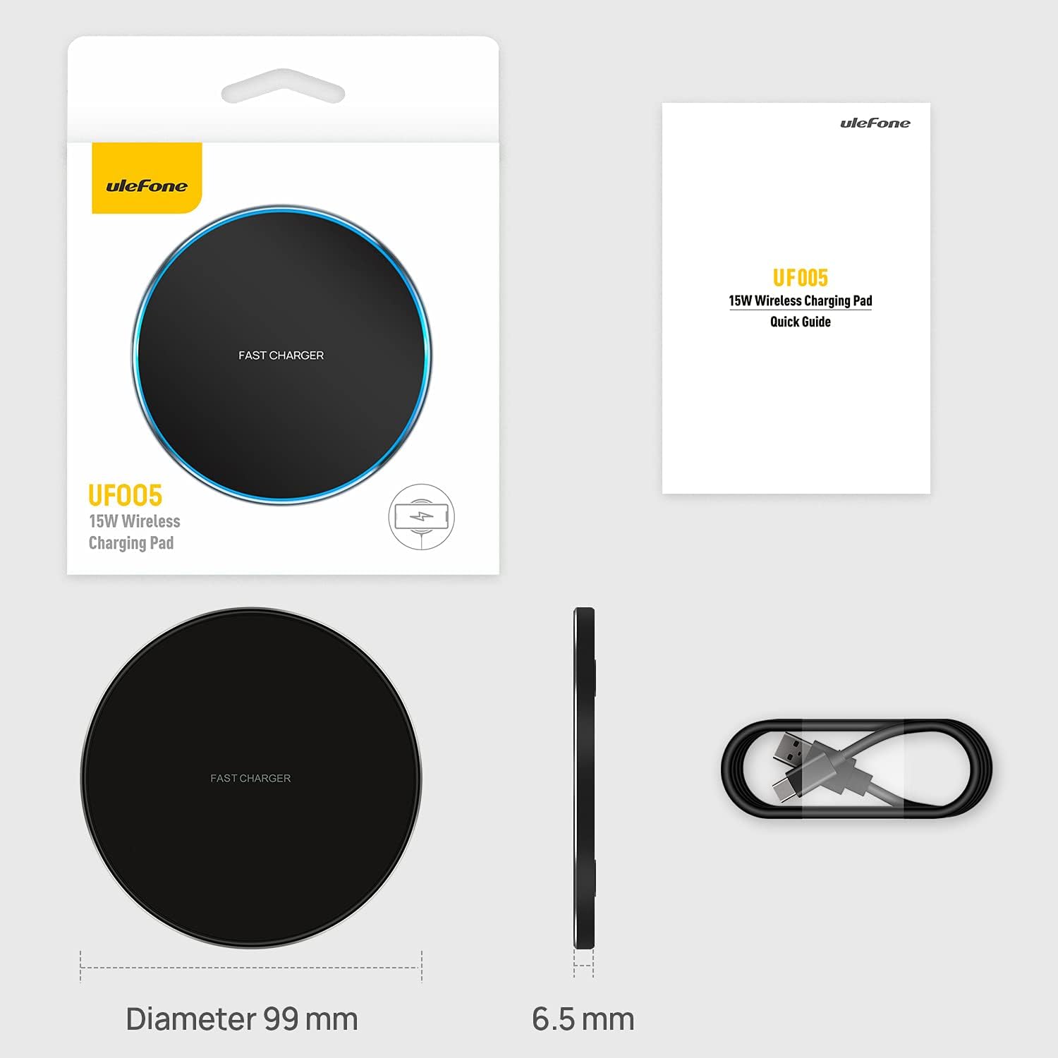 Ulefone UF005 Wireless Charging Pad (15W), Compatible with Ulefone Power Armor 18T/18 Ultra/14 Pro/14/13, Armor 17Pro/12/11T/11/10/7/7E Rugged Phones, QC/PD Protocol for Other Cell Phones