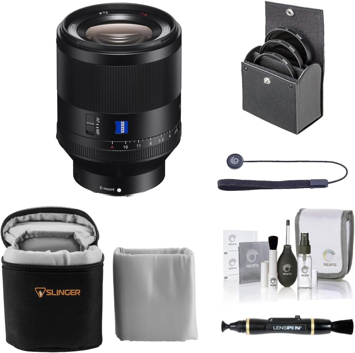 Obiettivo Sony Planar T* FE 50 mm f/1.4 ZA, pacchetto con kit filtro da 72 mm, custodia per obiettivo, detergente per obiettivi, kit di pulizia, tappo copriobiettivo