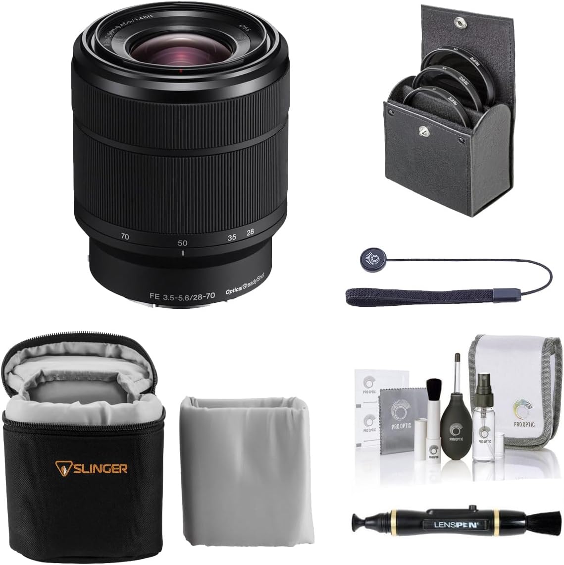 Lente Sony FE 28-70 mm f/3,5-5,6 OSS para Sony E, paquete con kit de filtros de 55 mm, funda de objetivo, limpiador de objetivos, kit de limpieza, correa de tapa de objetivo