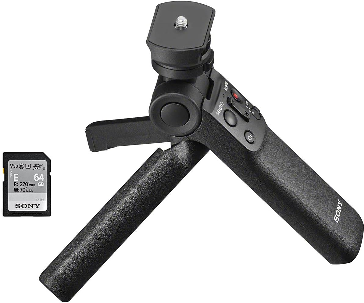 Sony ZV-E10 APS-C Mirrorless Interchangeable Lens Vlogging Camera, White - Bundle ACCVC1 Vlogger Accessory Kit (Shooting Grip  64GB UHS-II SDXC Card)
