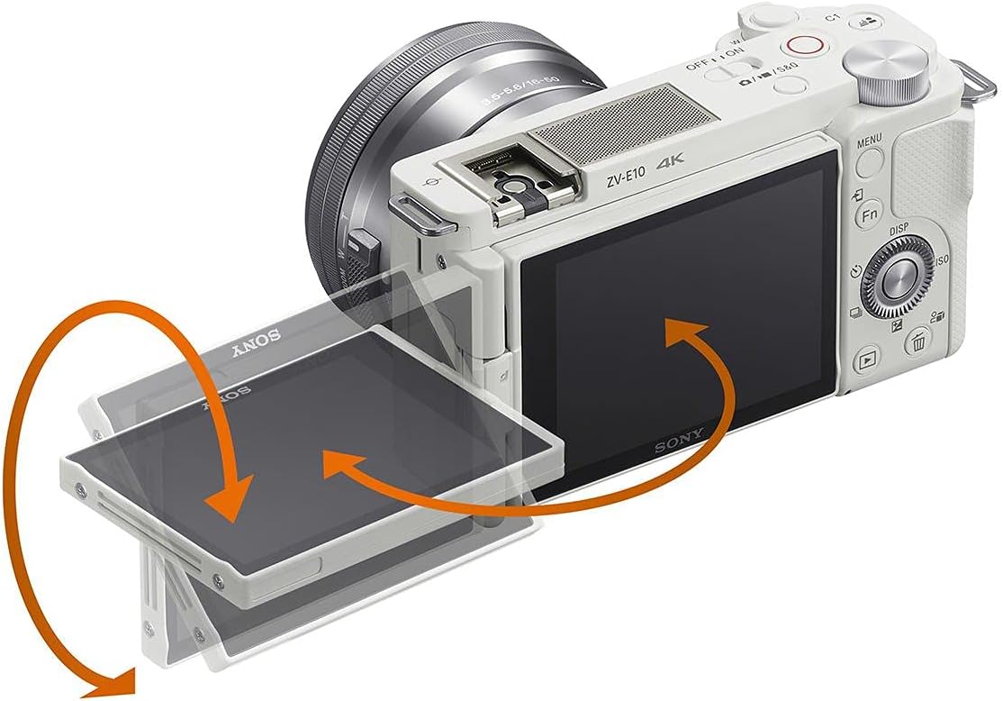 Sony ZV-E10 APS-C Mirrorless Interchangeable Lens Vlogging Camera, White - Bundle ACCVC1 Vlogger Accessory Kit (Shooting Grip  64GB UHS-II SDXC Card)