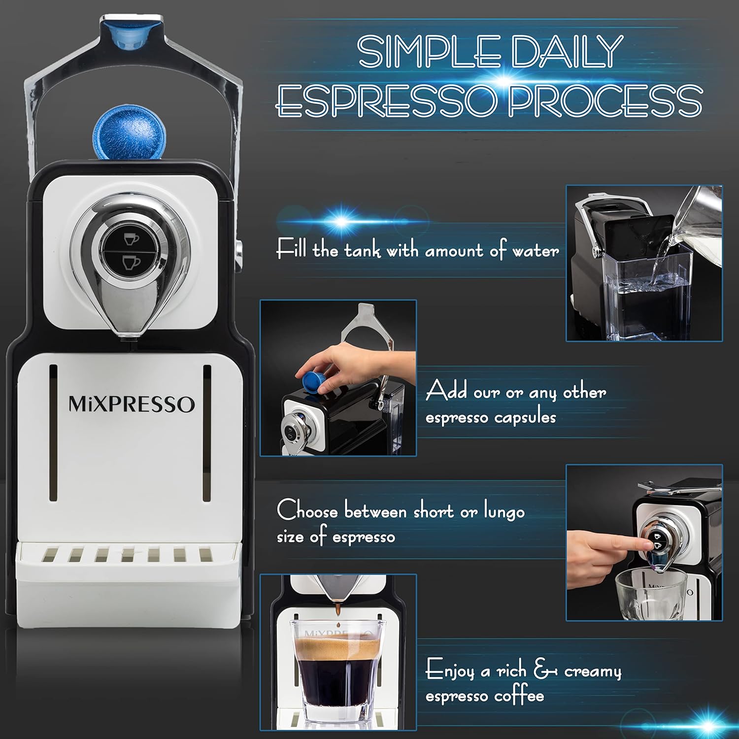 Mixpresso Espresso Machine for Nespresso Compatible Capsule, Single Serve Coffee Maker Programmable for Espresso Pods, Premium Italian 19 Bar High Pressure Pump 23oz 1400w Black Coffee Maker · v9