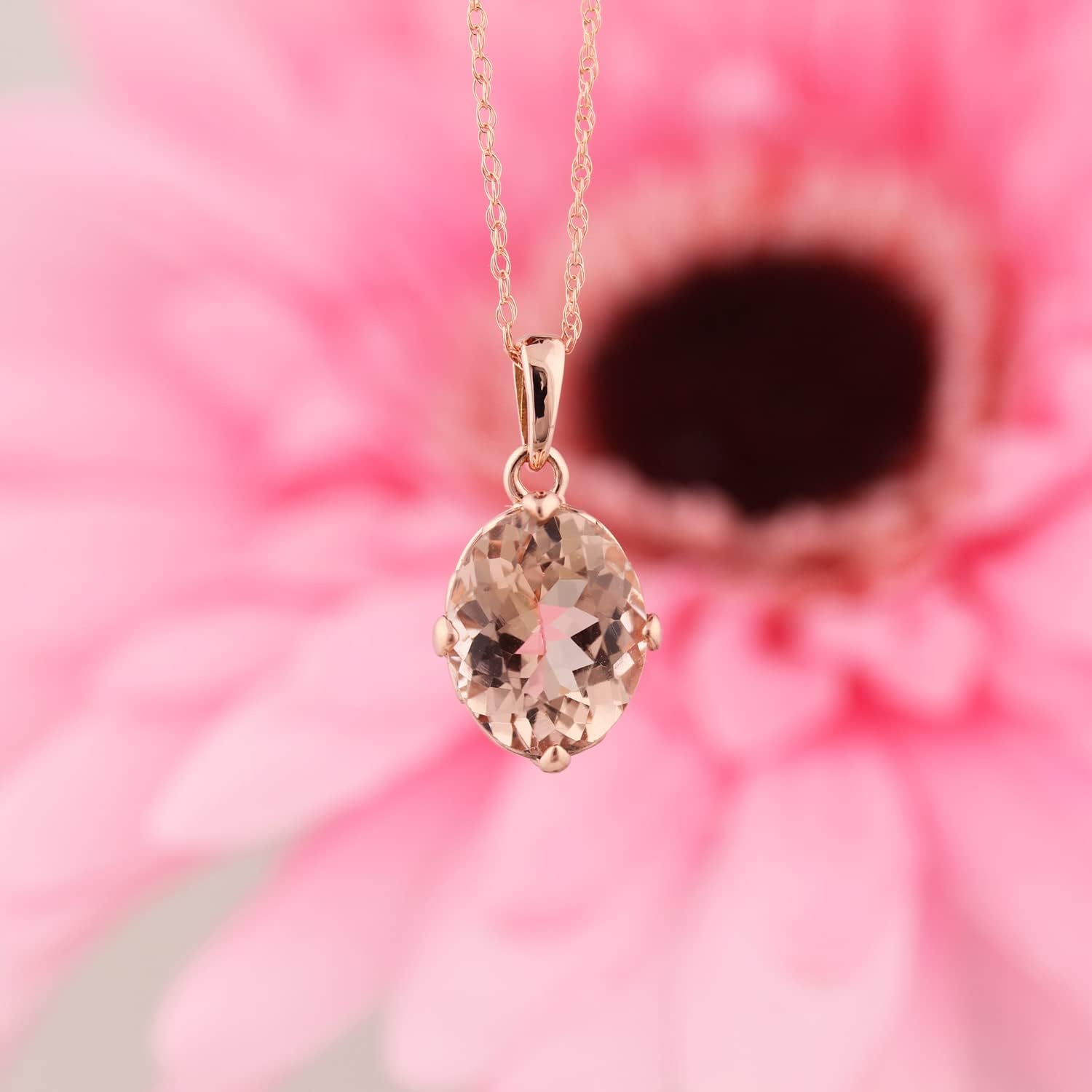 GNGJewel Solid 14k Rose Gold Fancy Color Morganite (9x7mm Oval) Solitaire Pendant Necklace, 18' chain · v2