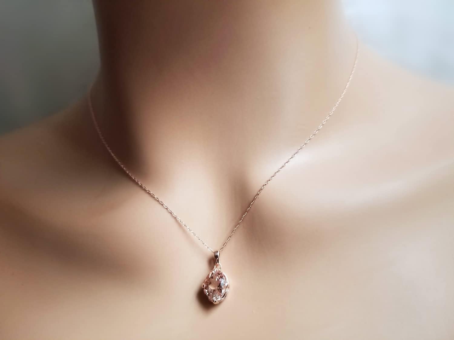 GNGJewel Solid 14k Rose Gold Fancy Color Morganite (9x7mm Oval) Solitaire Pendant Necklace, 18' chain · v2