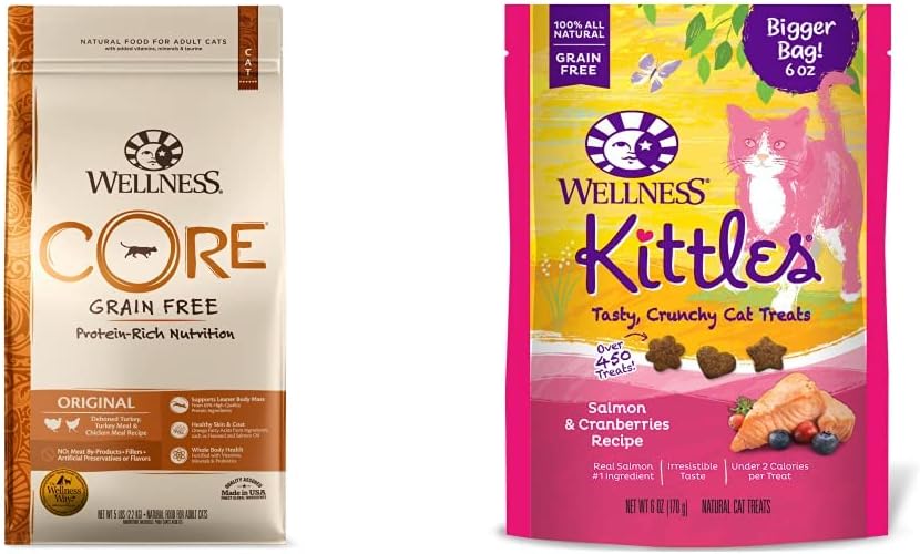 Wellness CORE Grain Free Dry Cat Food, Original Recipe, Turkey, 5 Pound Bag Bundle Kittles Natural Grain Free Cat Treats (Chicken, 2 oz) · v6