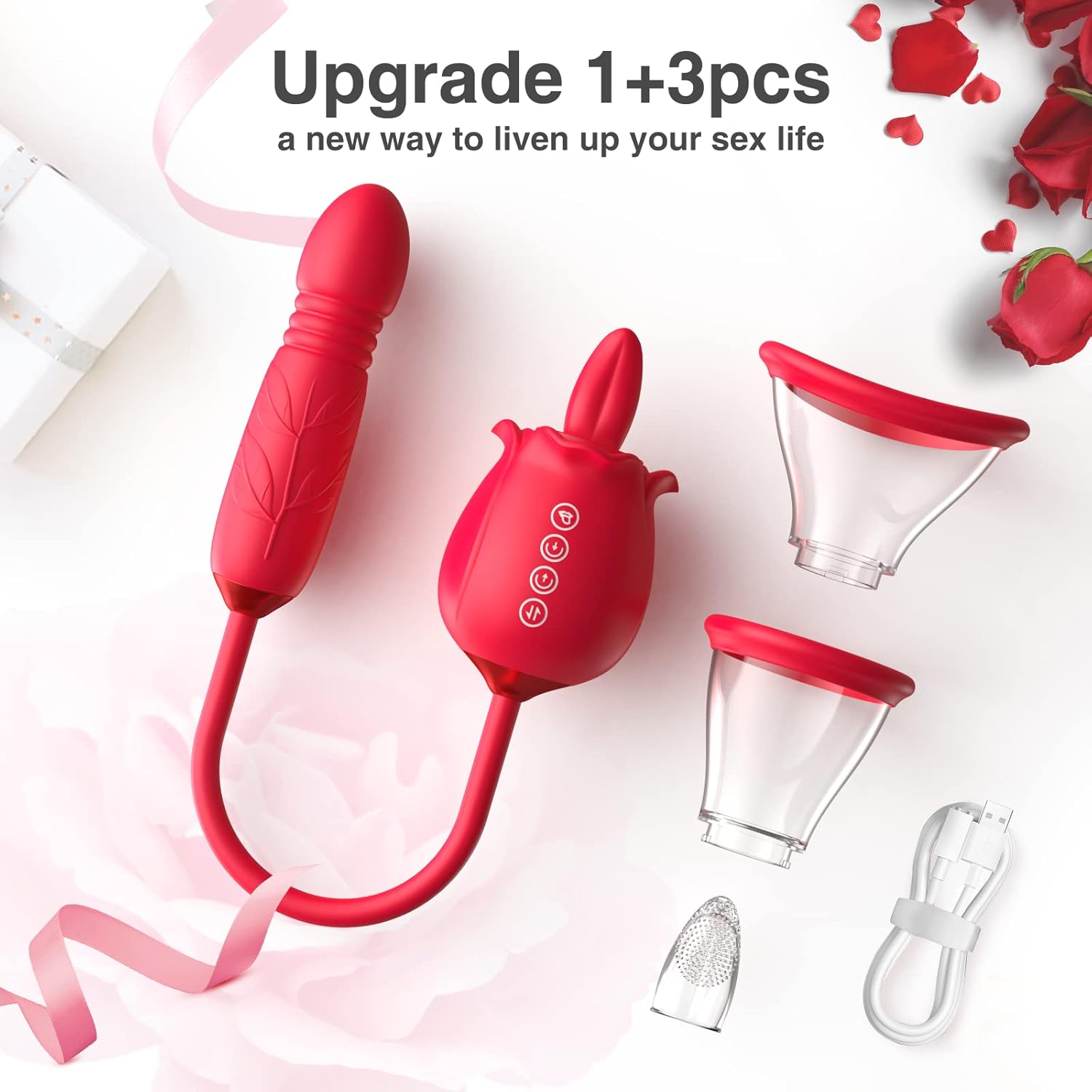Rosen-Sexspielzeug für Frauensex — 3-in-1-Upgrade Rose Sexstimulator für Frauen mit 7 Zungenlecken, Vibratordildo mit 3 Stößen, Sexspielzeug für Erwachsene für Paare, G-Punkt-Vibratoren, Klitorisnippel