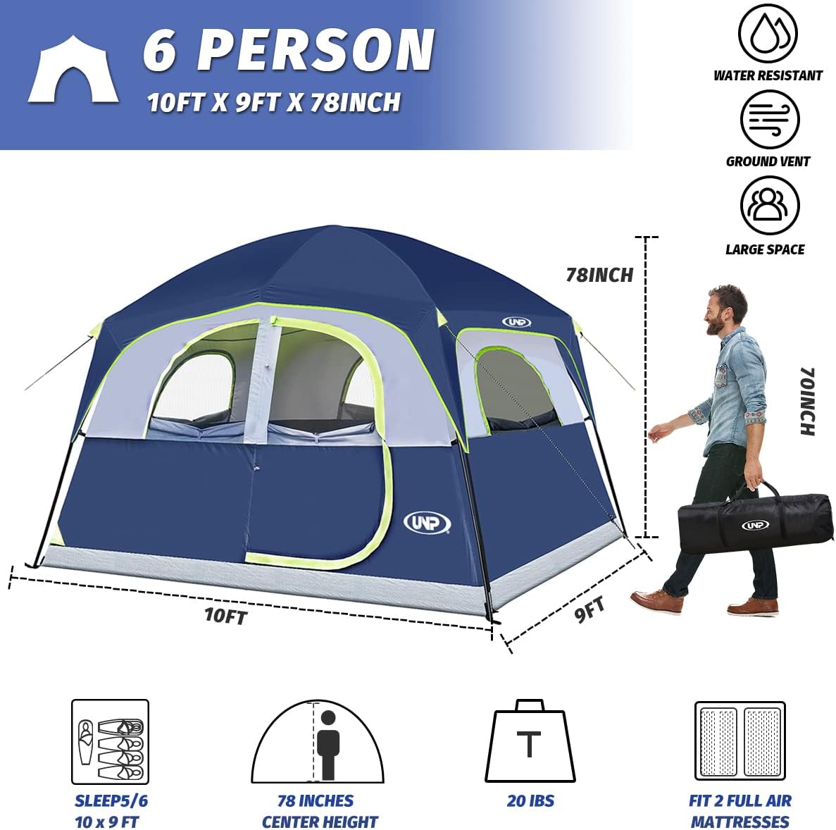 UNP Tents 6 Person Waterproof Windproof Easy Setup,Double Layer Family Camping Tent with 1 Mesh Door  5 Large Mesh Windows -10X9'X78in(H) · v2