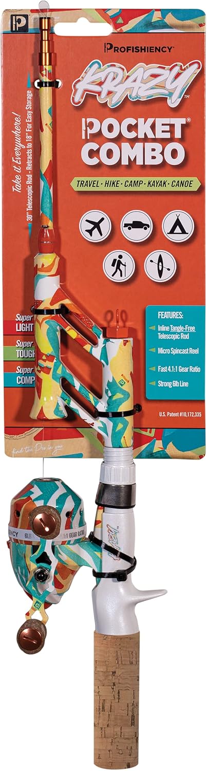 Profishiency Krazy Pocket Combo | 30-Zoll-Teleskoprute aus Glasfaser ohne Verheddern | Micro-Spincast-Rolle mit einem Übersetzungsverhältnis von 4, 1:1 | Vorgespult mit 6-Pfund-Schnur