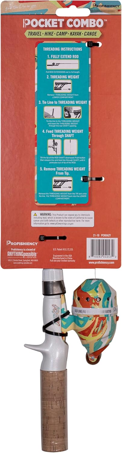 Profishiency Krazy Pocket Combo | 30-Zoll-Teleskoprute aus Glasfaser ohne Verheddern | Micro-Spincast-Rolle mit einem Übersetzungsverhältnis von 4, 1:1 | Vorgespult mit 6-Pfund-Schnur
