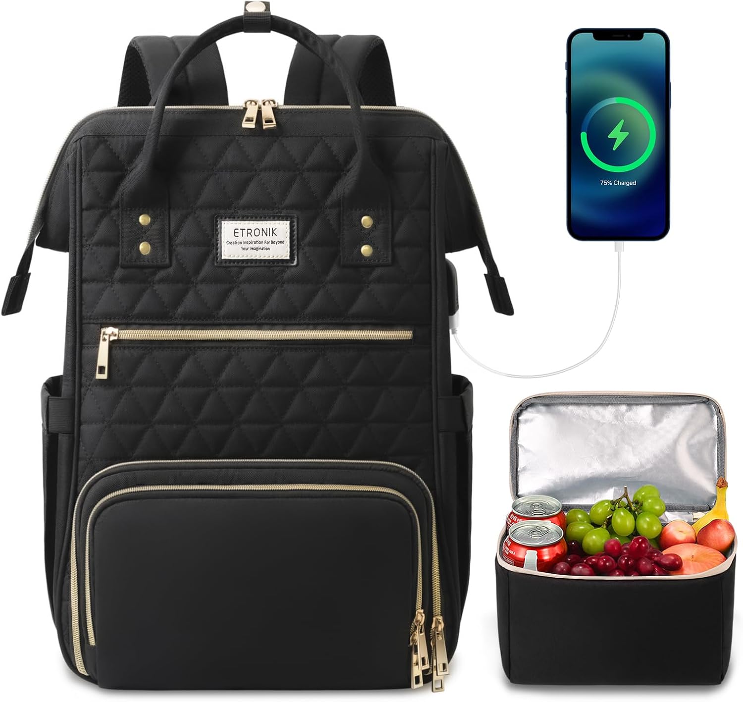 ETRONIK lunchrugzak voor dames, 17,3 inch laptoprugzak met USB-poort, stijlvolle verpleegsterrugzak, werktas voor leraren, met geïsoleerde koelbox voor dames, heren/reizen, zwart