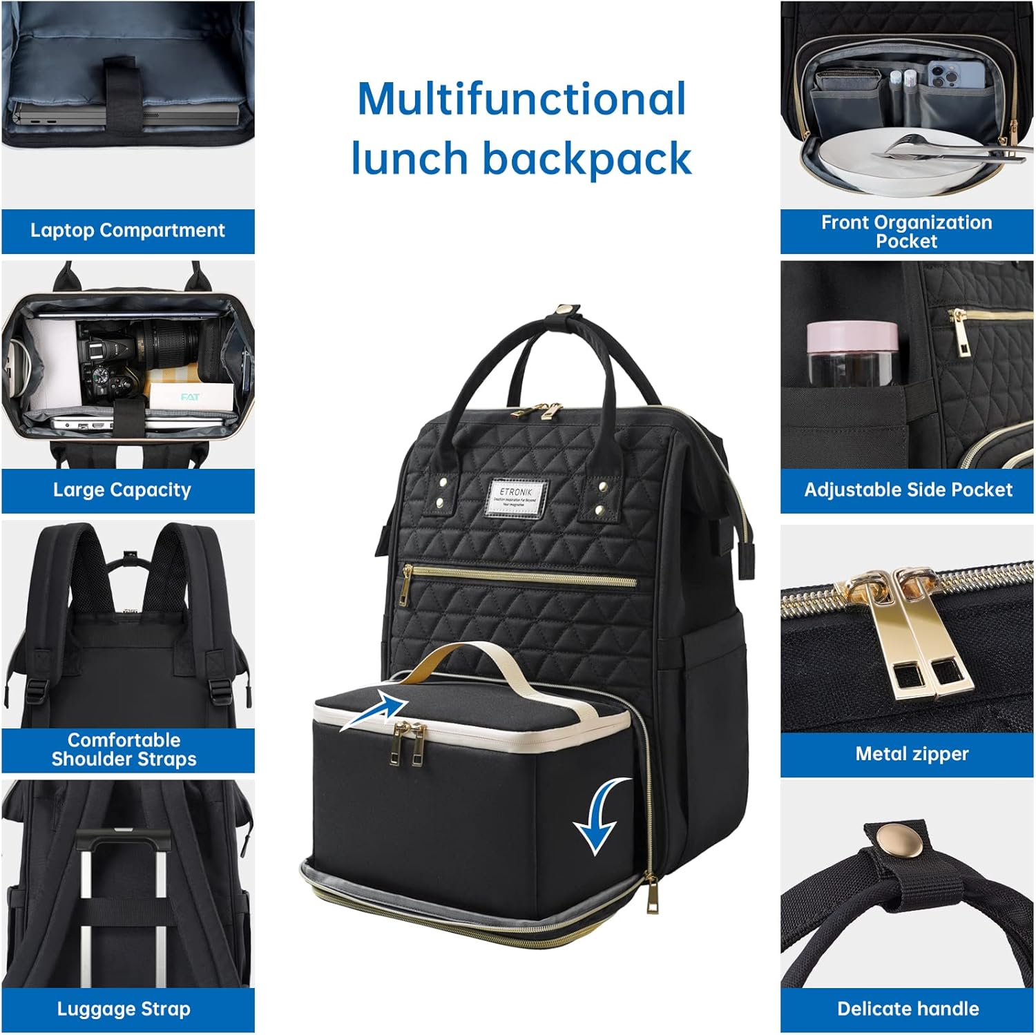 ETRONIK Lunch Backpack for Women, 17.3 Inch Laptop Backpack with USB Port, Stylish Nurse Backpack Teacher Work Bag with Insulated Cooler Lunch Box for Women Men/Travel, Black · v3