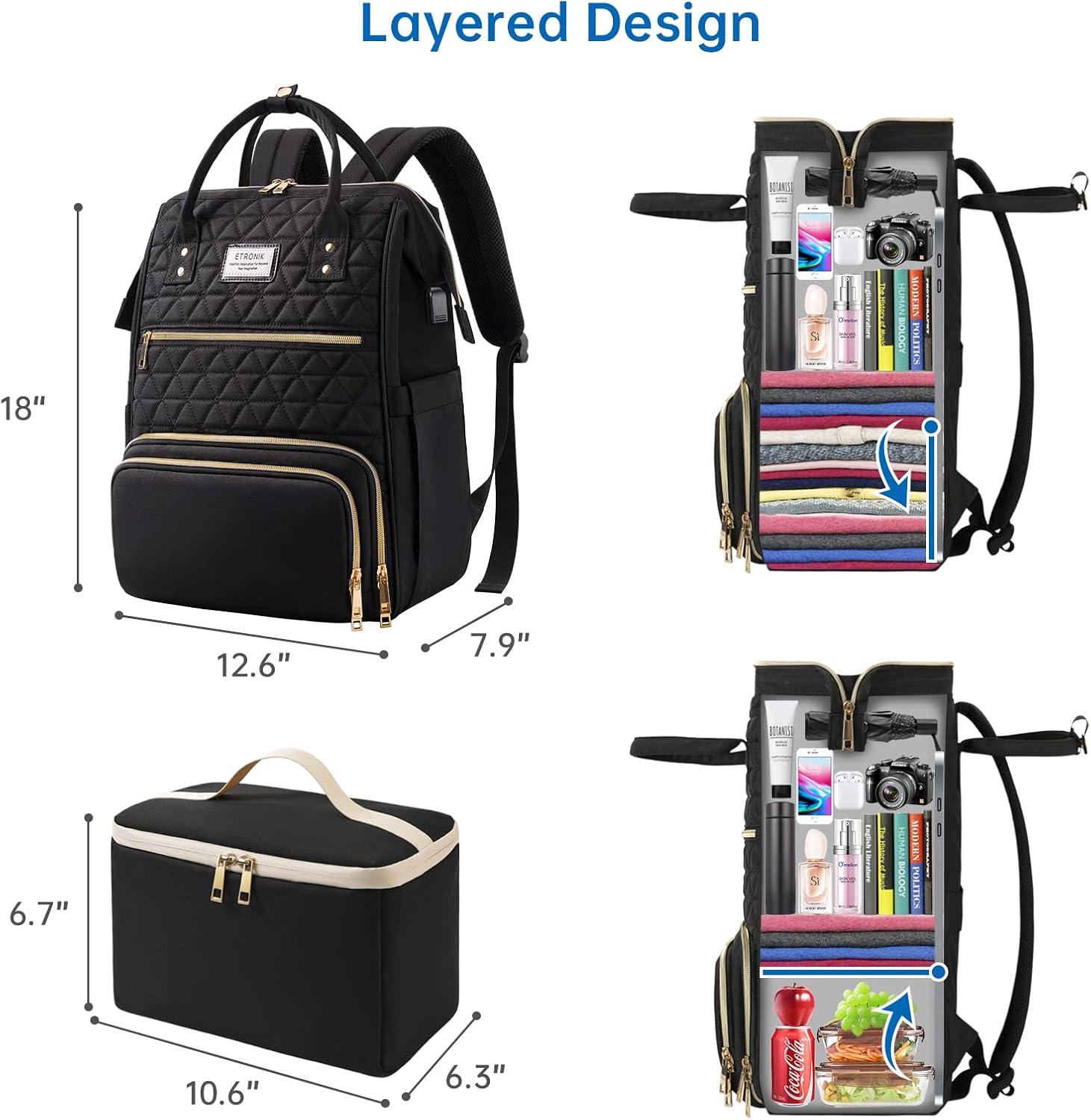 ETRONIK Lunch Backpack for Women, 17.3 Inch Laptop Backpack with USB Port, Stylish Nurse Backpack Teacher Work Bag with Insulated Cooler Lunch Box for Women Men/Travel, Black · v3