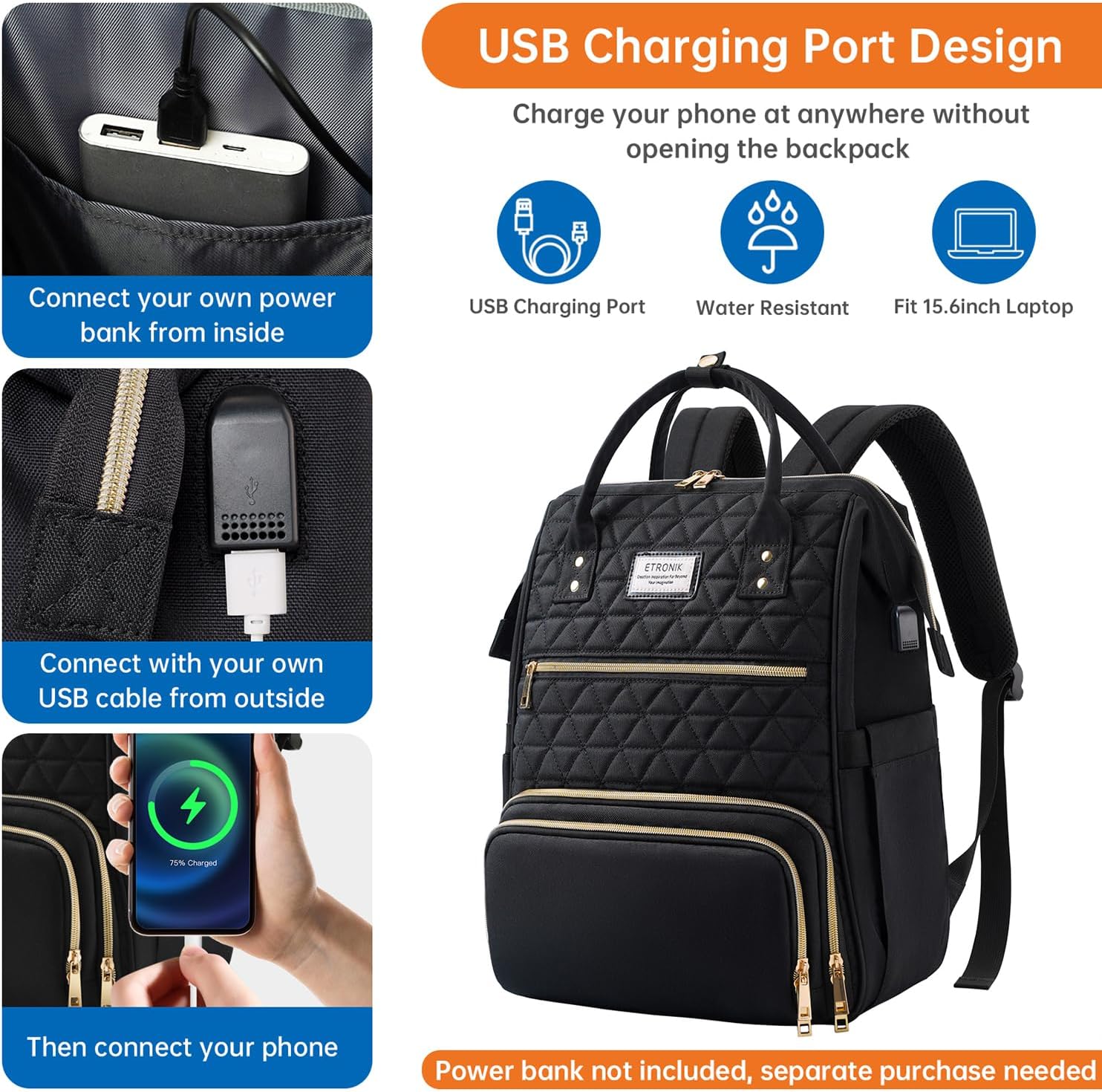 ETRONIK Lunch Backpack for Women, 17.3 Inch Laptop Backpack with USB Port, Stylish Nurse Backpack Teacher Work Bag with Insulated Cooler Lunch Box for Women Men/Travel, Black · v3