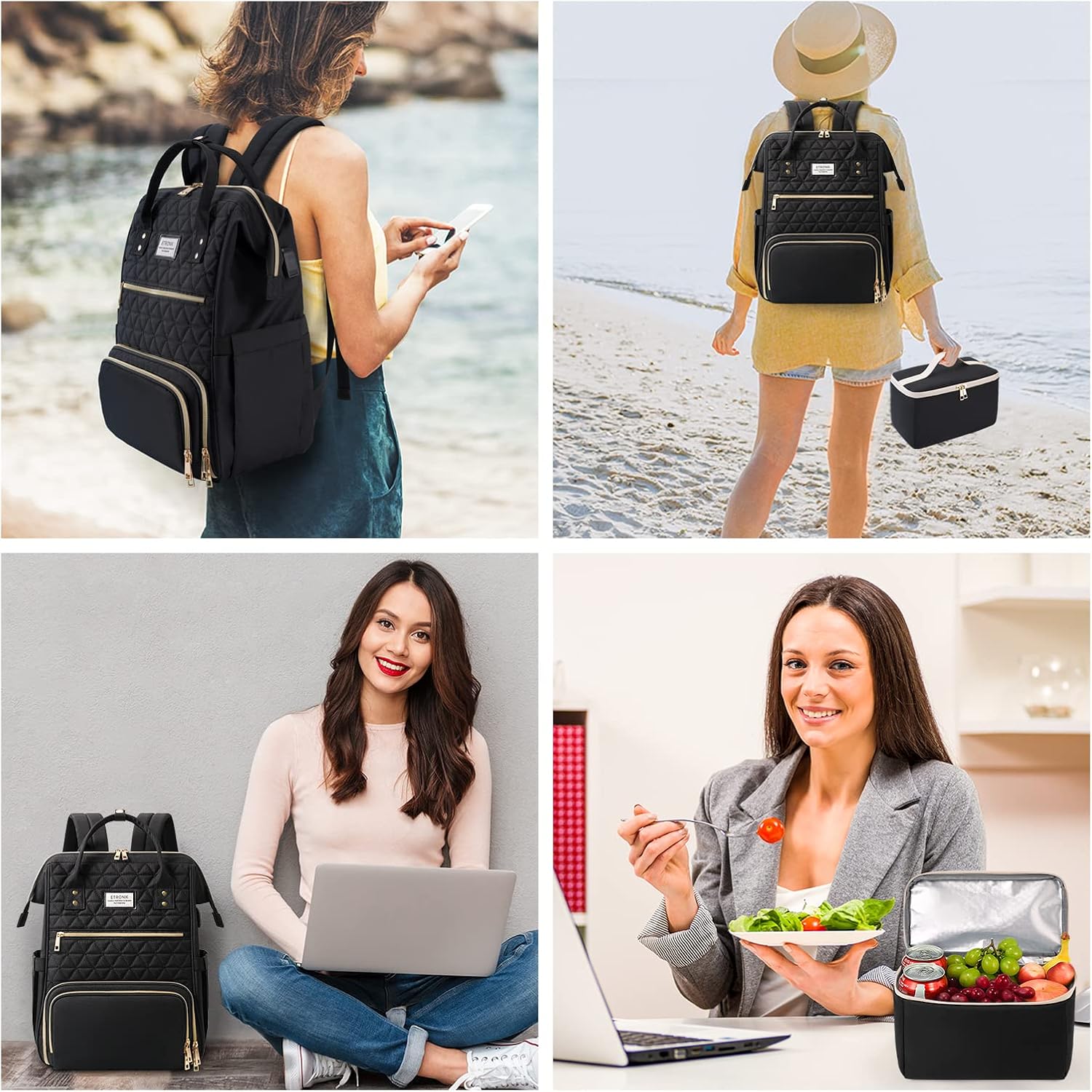 ETRONIK Lunch Backpack for Women, 17.3 Inch Laptop Backpack with USB Port, Stylish Nurse Backpack Teacher Work Bag with Insulated Cooler Lunch Box for Women Men/Travel, Black · v3