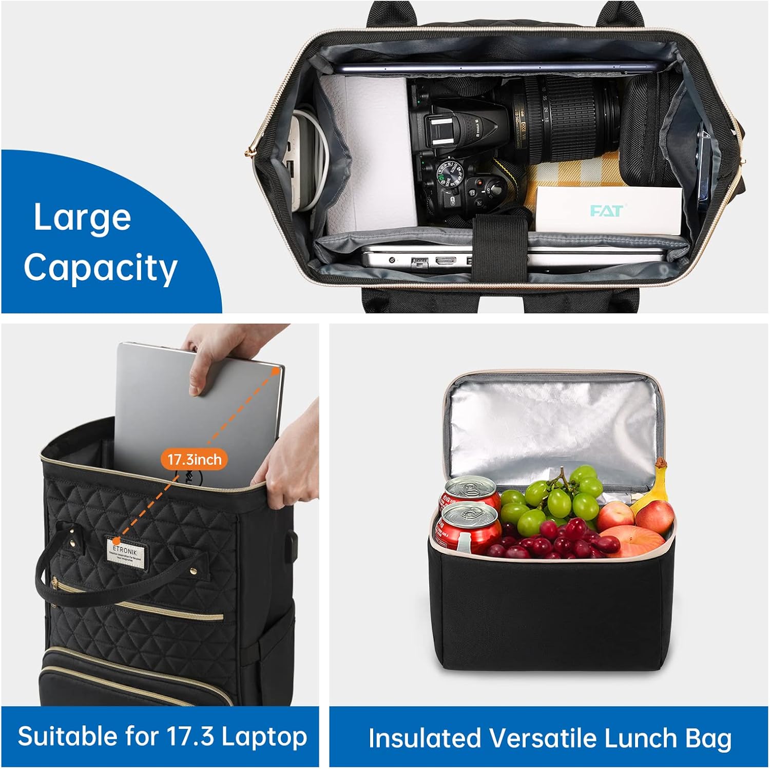 ETRONIK Lunch Backpack for Women, 17.3 Inch Laptop Backpack with USB Port, Stylish Nurse Backpack Teacher Work Bag with Insulated Cooler Lunch Box for Women Men/Travel, Black · v3