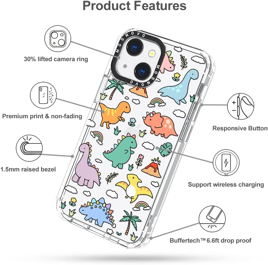 MOSNOVO for iPhone 13 Case, [Buffertech 6.6 ft Drop Impact] [Anti Peel Off] Clear Shockproof TPU Protective Bumper Phone Cases Cover with Dinosaur Land Design for iPhone 13