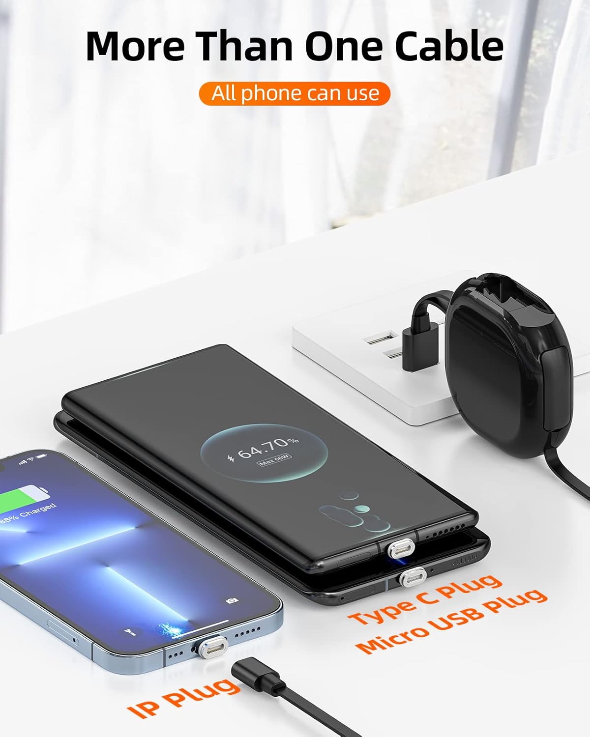 YKZ 3 in 1 자석식 수납형 충전 케이블, 모든 기기에 사용 가능한 Micro USB/Type-C가 있는 3A 여행용 수납형 USB 전화 충전기 코드