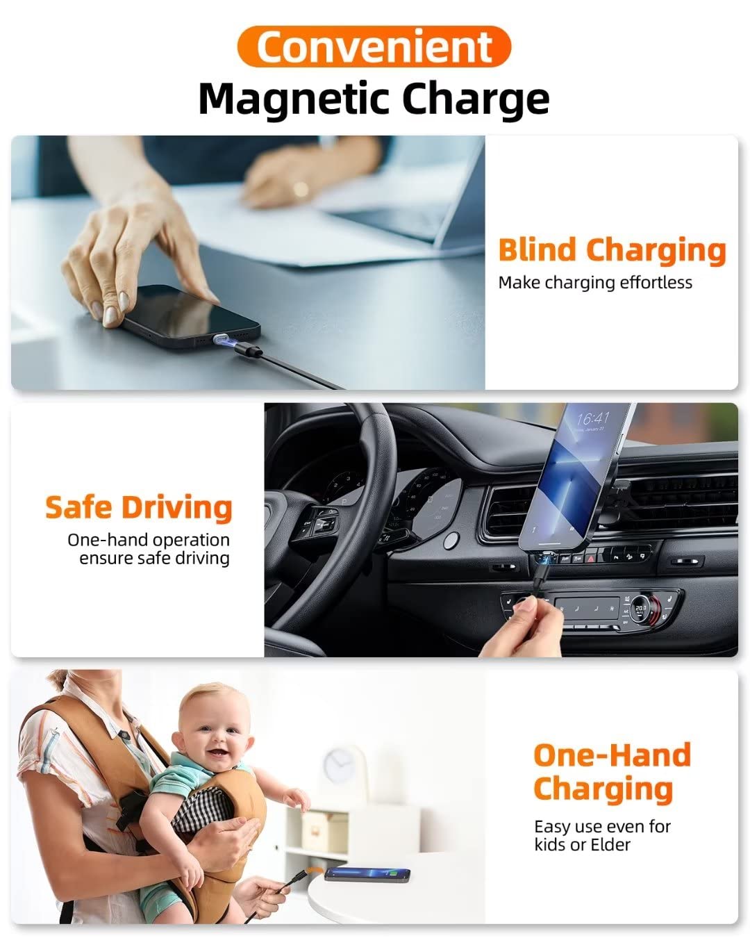 YKZ 3 in 1 자석식 수납형 충전 케이블, 모든 기기에 사용 가능한 Micro USB/Type-C가 있는 3A 여행용 수납형 USB 전화 충전기 코드