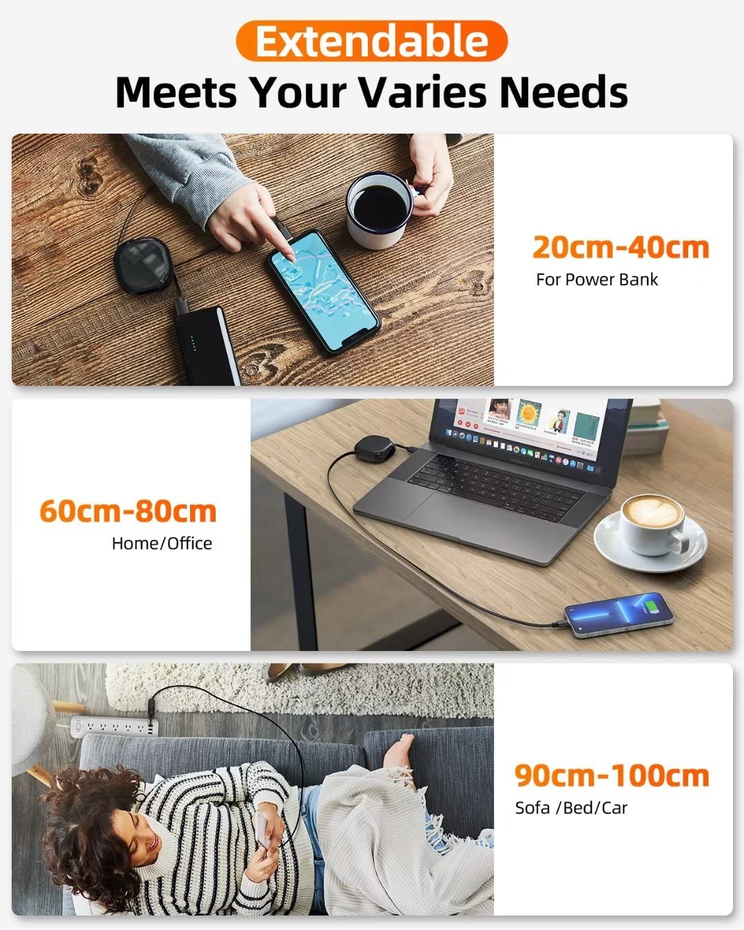 YKZ 3 in 1 자석식 수납형 충전 케이블, 모든 기기에 사용 가능한 Micro USB/Type-C가 있는 3A 여행용 수납형 USB 전화 충전기 코드