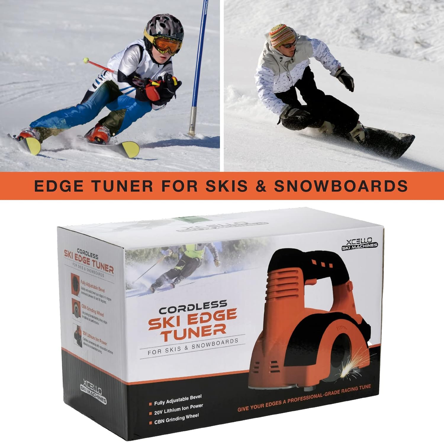 Cordless Ski/Snowboard Edge Tuner, Long Lasting Portable Grinding Wheel Sharpens and Hones Ski Edges, Rechargeable Lithium Ion Battery Included.