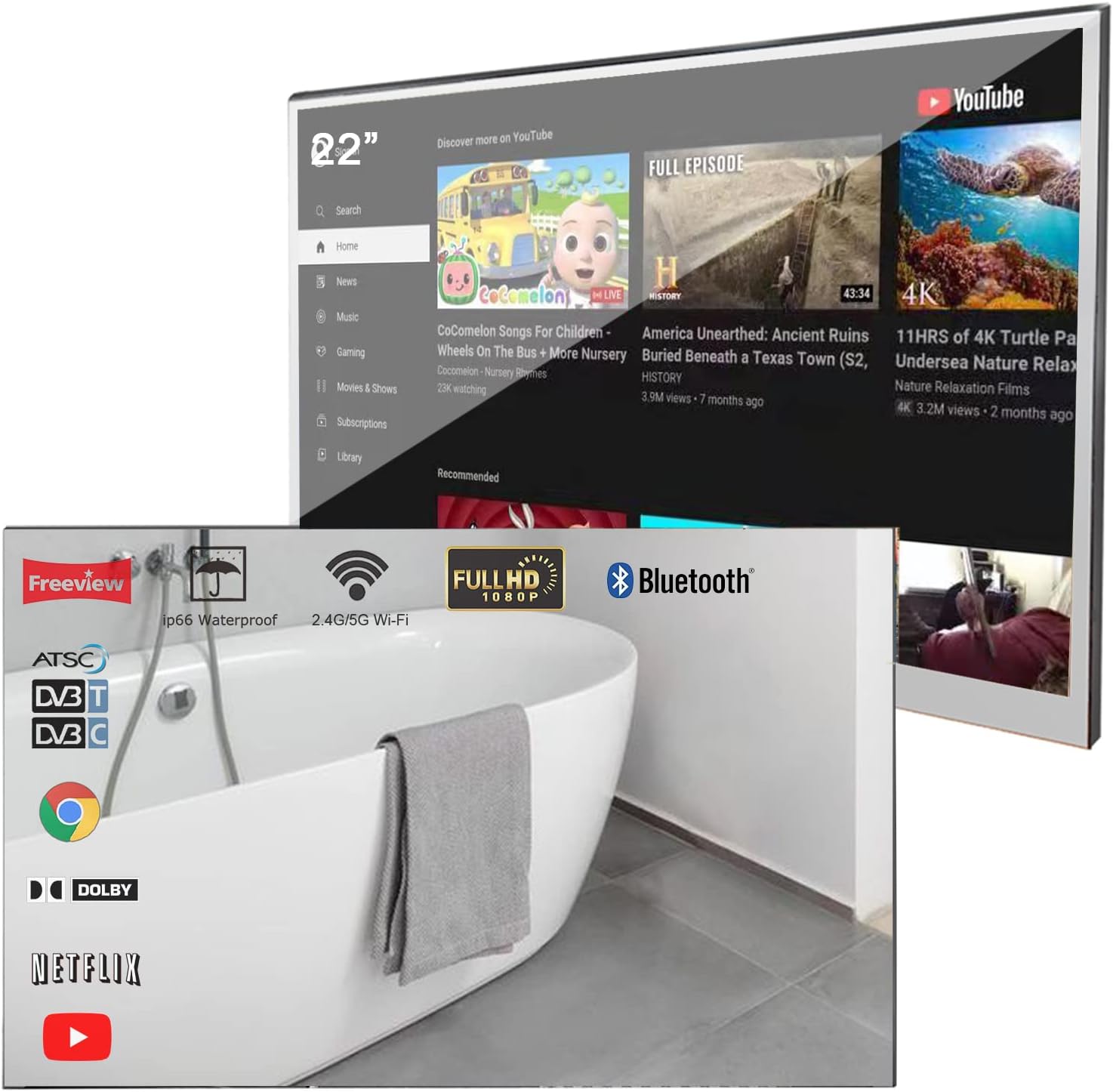 Soulaca 22 inches Smart Magic Mirror TV for Bathroom Waterproof Hotel Decoration Android WiFi  Bluetooth ATSC 2024 Model