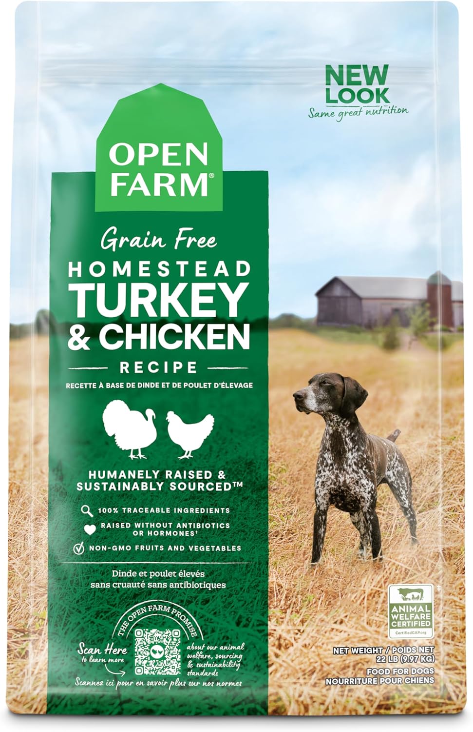 Nourriture sèche pour chiens Open Farm Homestead, sans céréales, sans céréales, recette de volaille 100 % certifiée sans cruauté avec des superaliments sans OGM et sans arômes ni conservateurs artificiels, 22 livres