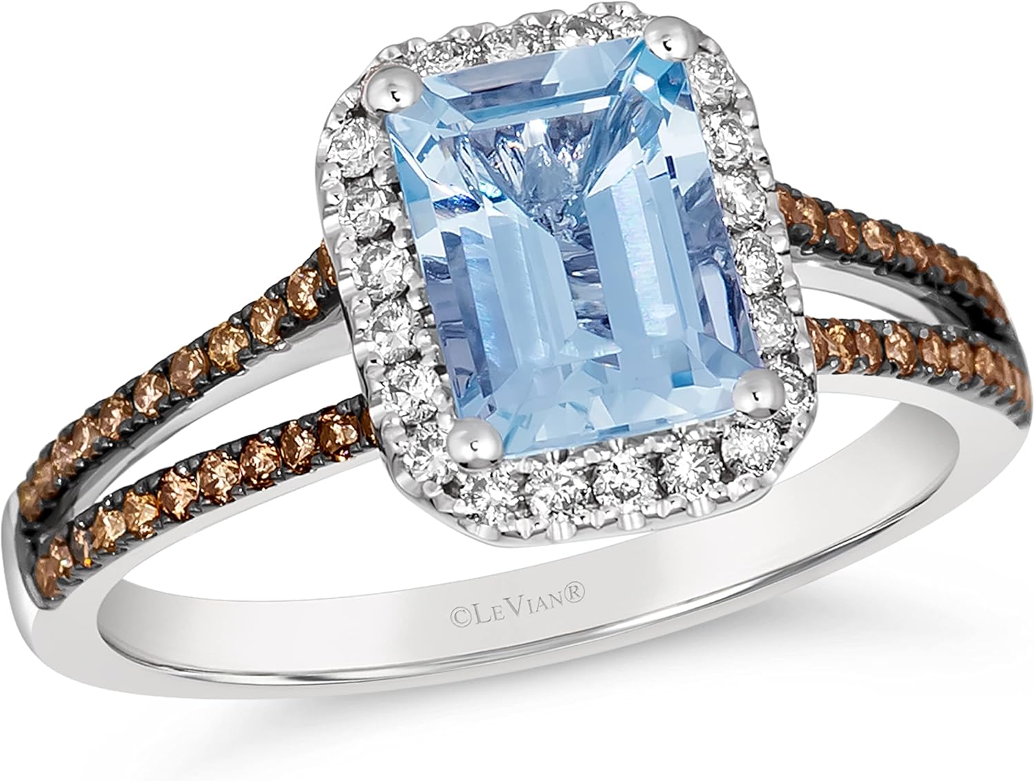 Anello da donna con diamante da 3/8 carati e smeraldo blu a forma di smeraldo da 1 1/5 carati con gambo diviso in acquamarina blu in oro bianco 14 carati (bianco/marrone fantasia, I1-I2, cttw) Anello Anniversary Promise misura da 4 a 10 di LeVian