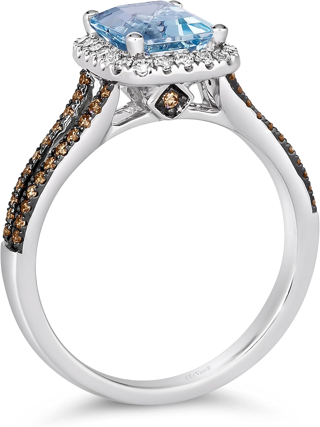 Anello da donna con diamante da 3/8 carati e smeraldo blu a forma di smeraldo da 1 1/5 carati con gambo diviso in acquamarina blu in oro bianco 14 carati (bianco/marrone fantasia, I1-I2, cttw) Anello Anniversary Promise misura da 4 a 10 di LeVian
