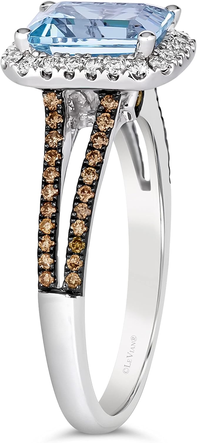 Anello da donna con diamante da 3/8 carati e smeraldo blu a forma di smeraldo da 1 1/5 carati con gambo diviso in acquamarina blu in oro bianco 14 carati (bianco/marrone fantasia, I1-I2, cttw) Anello Anniversary Promise misura da 4 a 10 di LeVian