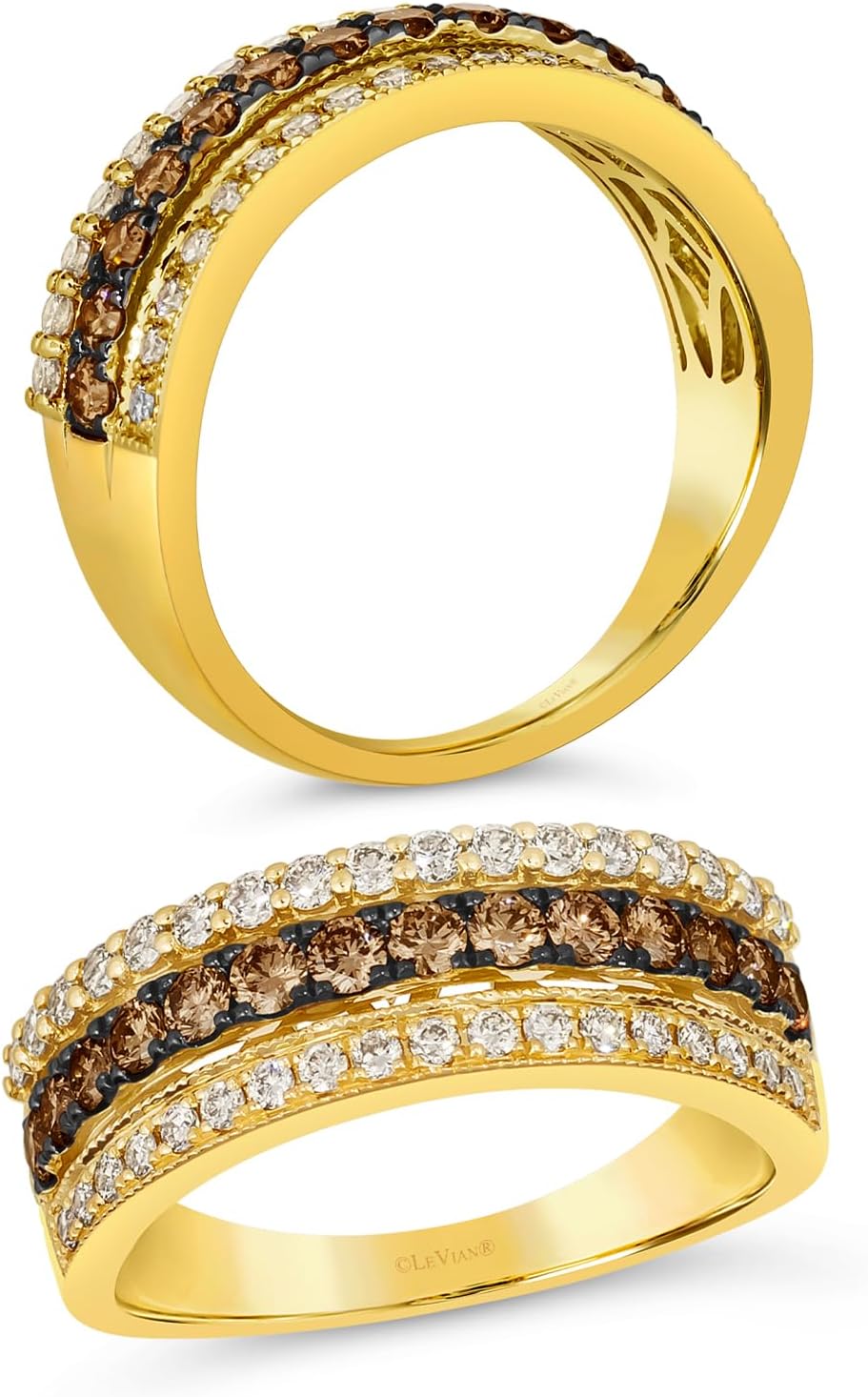 LE VIAN แหวนแต่งงานแบบ 3 แถวประดับเพชรสีขาวและช็อกโกแลต 0.92 กะรัตสำหรับผู้หญิง I แหวนทองคำเหลือง 14k สำหรับผู้หญิง (สีน้ำตาล I1-I2 0.92 กะรัต) แหวนครบรอบแต่งงาน ขนาด 4 ถึง 10