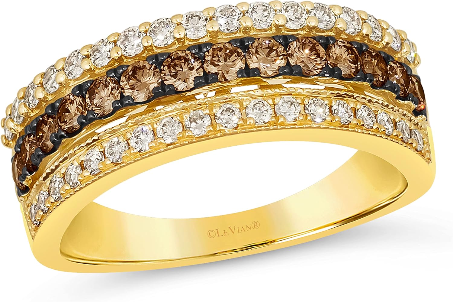 LE VIAN แหวนแต่งงานแบบ 3 แถวประดับเพชรสีขาวและช็อกโกแลต 0.92 กะรัตสำหรับผู้หญิง I แหวนทองคำเหลือง 14k สำหรับผู้หญิง (สีน้ำตาล I1-I2 0.92 กะรัต) แหวนครบรอบแต่งงาน ขนาด 4 ถึง 10