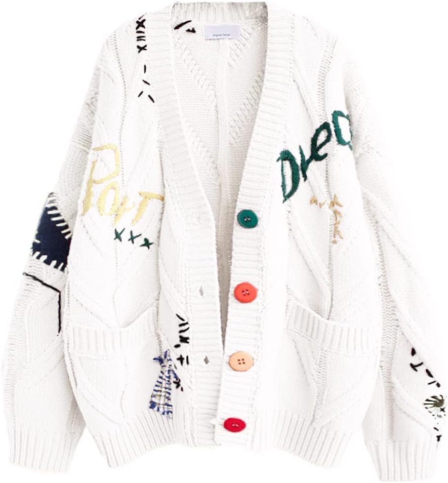 Womens Cable Knit Long Sleeve Open Front Cardigan Sheep V-Neck Button Down Embroidery Wool Blend Sweater Coat Outwear · v3