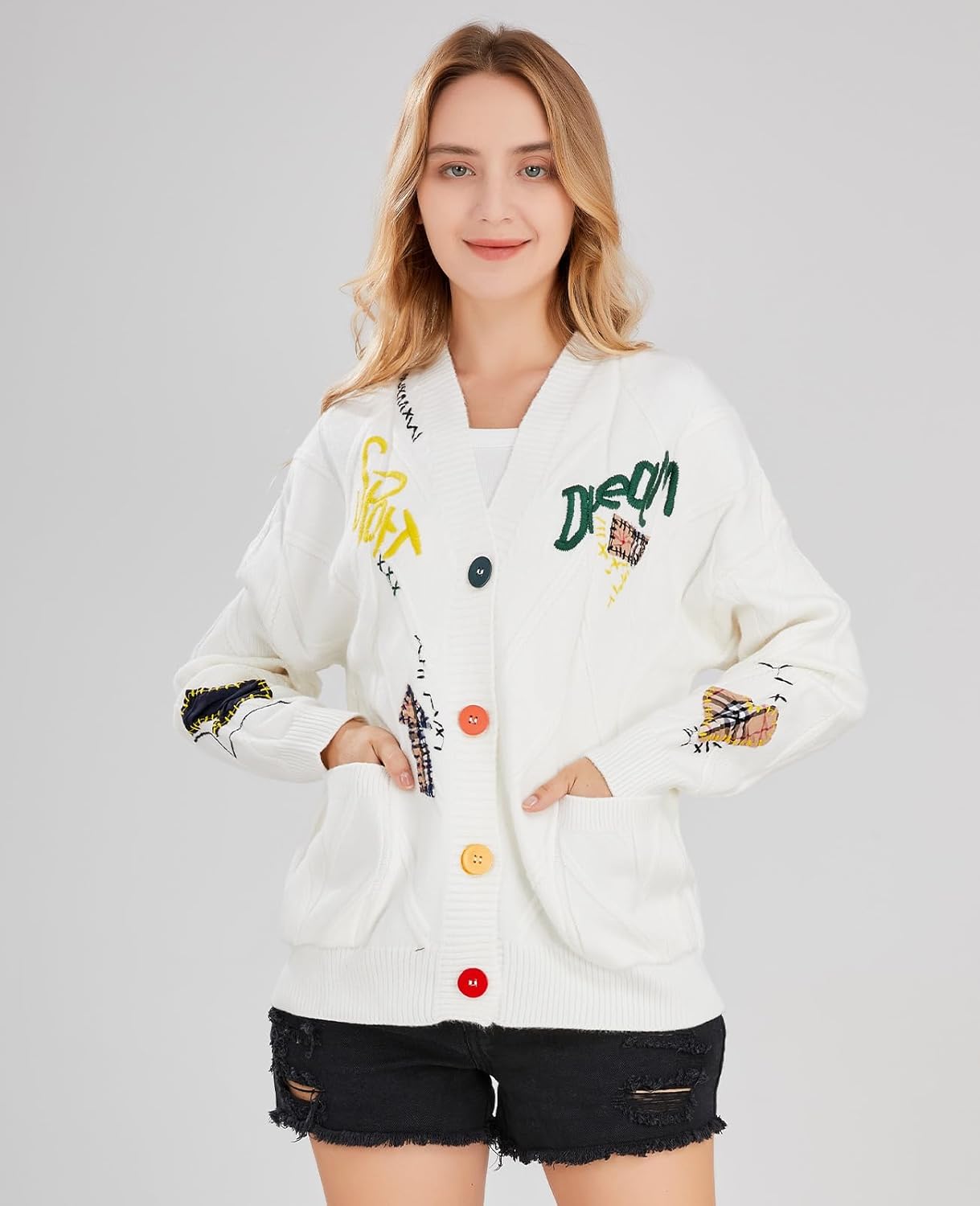 Womens Cable Knit Long Sleeve Open Front Cardigan Sheep V-Neck Button Down Embroidery Wool Blend Sweater Coat Outwear · v3