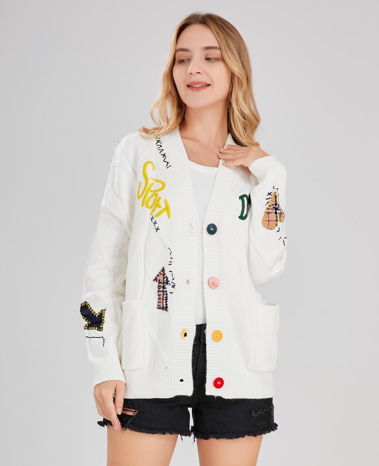 Womens Cable Knit Long Sleeve Open Front Cardigan Sheep V-Neck Button Down Embroidery Wool Blend Sweater Coat Outwear · v3
