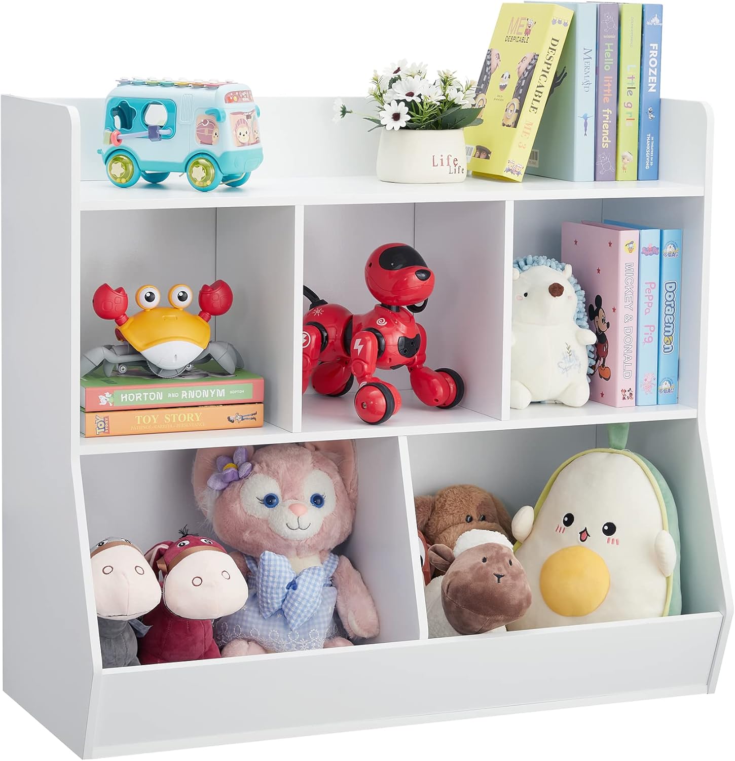 Aufbewahrungsbox für Spielzeug mit Bücherregal, Spielzeugregal mit 5 Fächern für Kinder, Spielzeugschrank, Geeignet für Kinderzimmer, Spielzimmer, Flur, Kindergarten, Schule