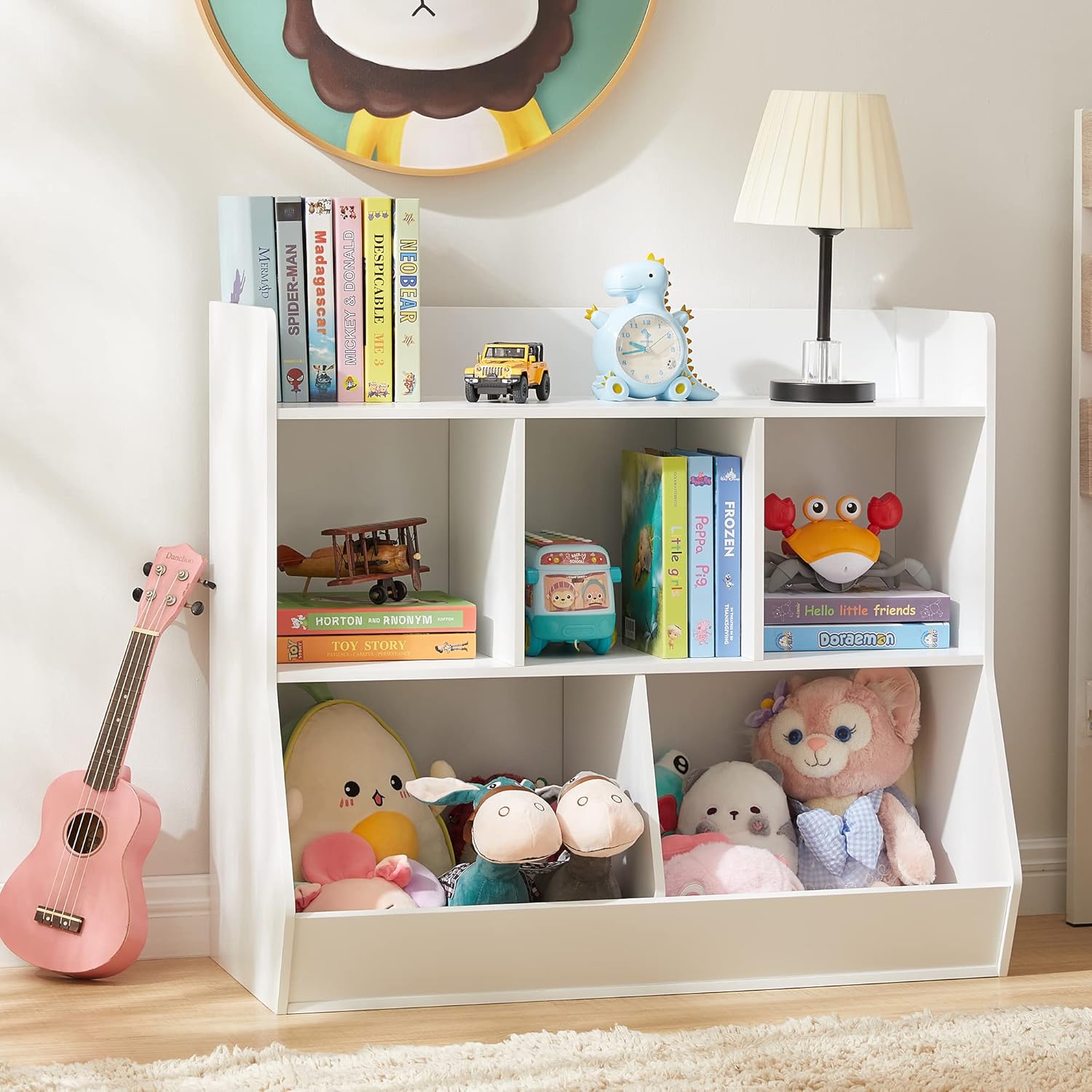 Aufbewahrungsbox für Spielzeug mit Bücherregal, Spielzeugregal mit 5 Fächern für Kinder, Spielzeugschrank, Geeignet für Kinderzimmer, Spielzimmer, Flur, Kindergarten, Schule