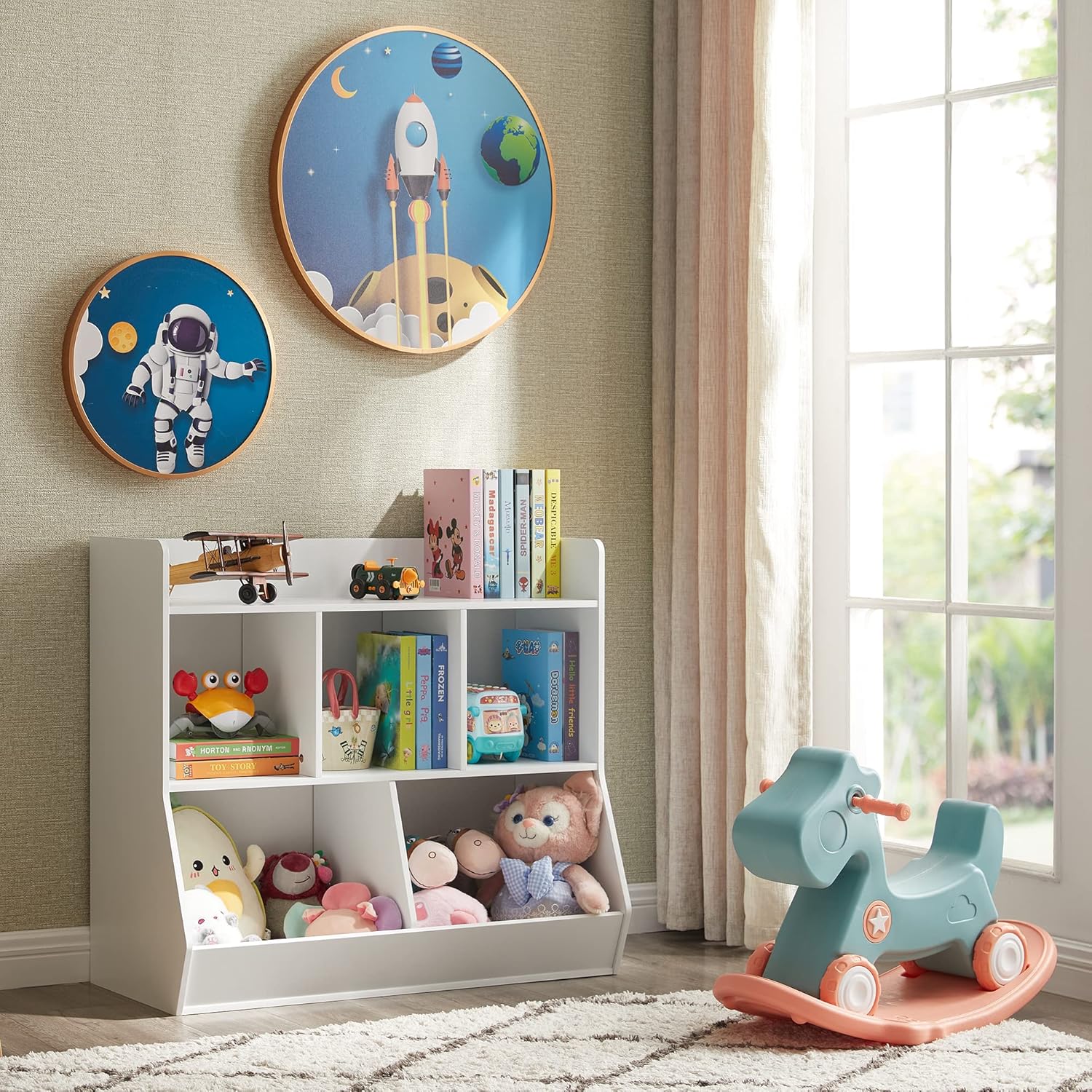 Aufbewahrungsbox für Spielzeug mit Bücherregal, Spielzeugregal mit 5 Fächern für Kinder, Spielzeugschrank, Geeignet für Kinderzimmer, Spielzimmer, Flur, Kindergarten, Schule