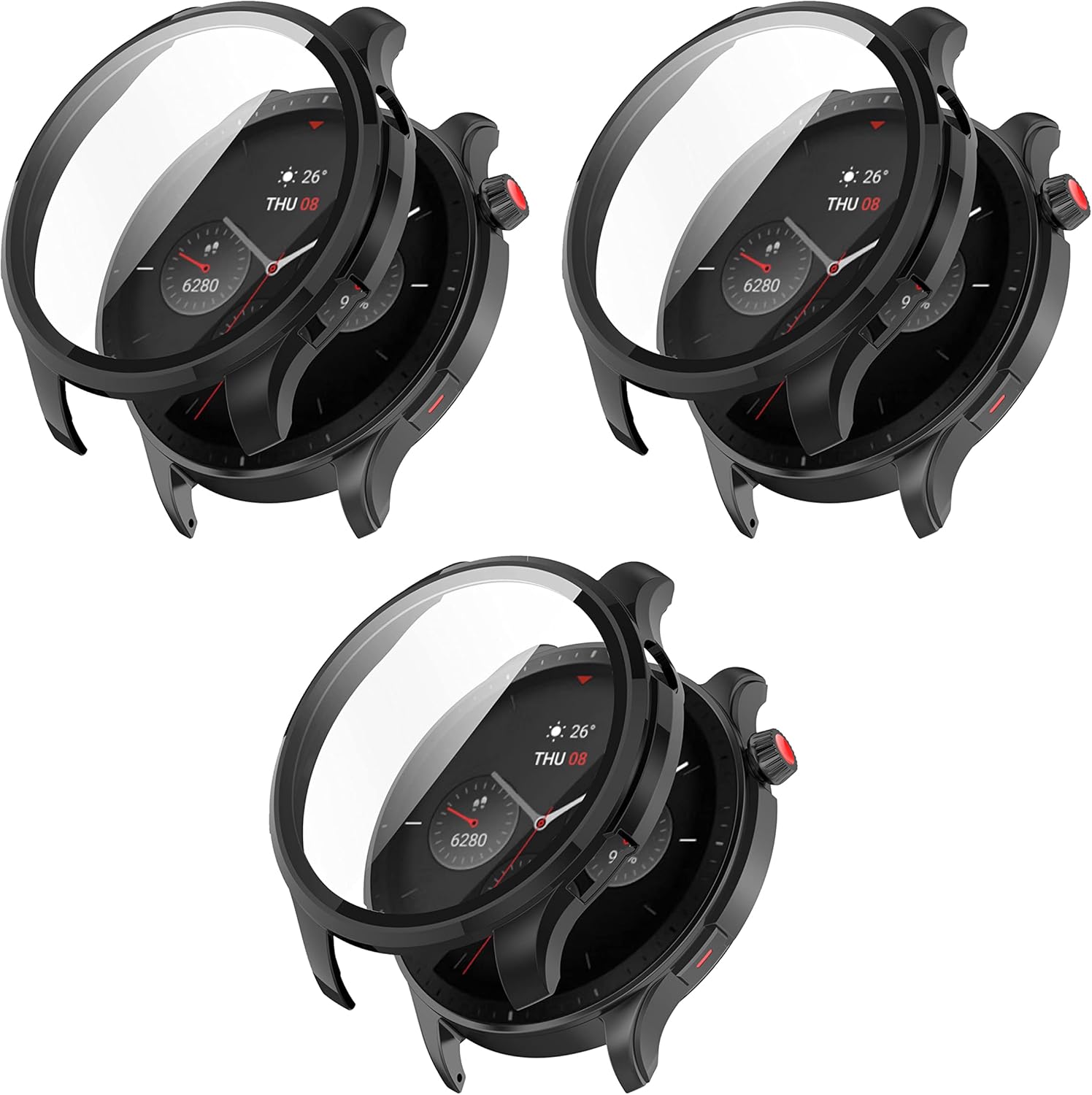 Lot de 3 FitTurn, compatible avec la coque rigide pour PC Amazfit GTR 4 avec film de protection d'écran en verre trempé, coque galvanisée, couverture intégrale, pare-chocs, film pour smartphone (noir)