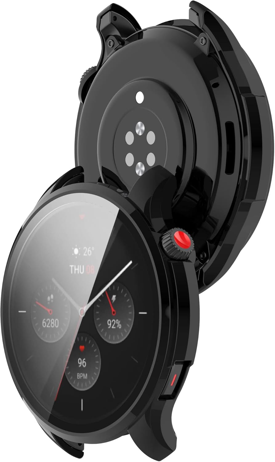 FitTurn 3PACK เคสพีซีแข็งแบบเข้ากันได้กับ Amazfit GTR 4 พร้อมฟิล์มกันรอยหน้าจอกระจกนิรภัย เคสชุบไฟฟ้า ครอบคลุมรอบด้าน กันชนป้องกัน ฟิล์มสมาร์ทโฟน (สีดำ)