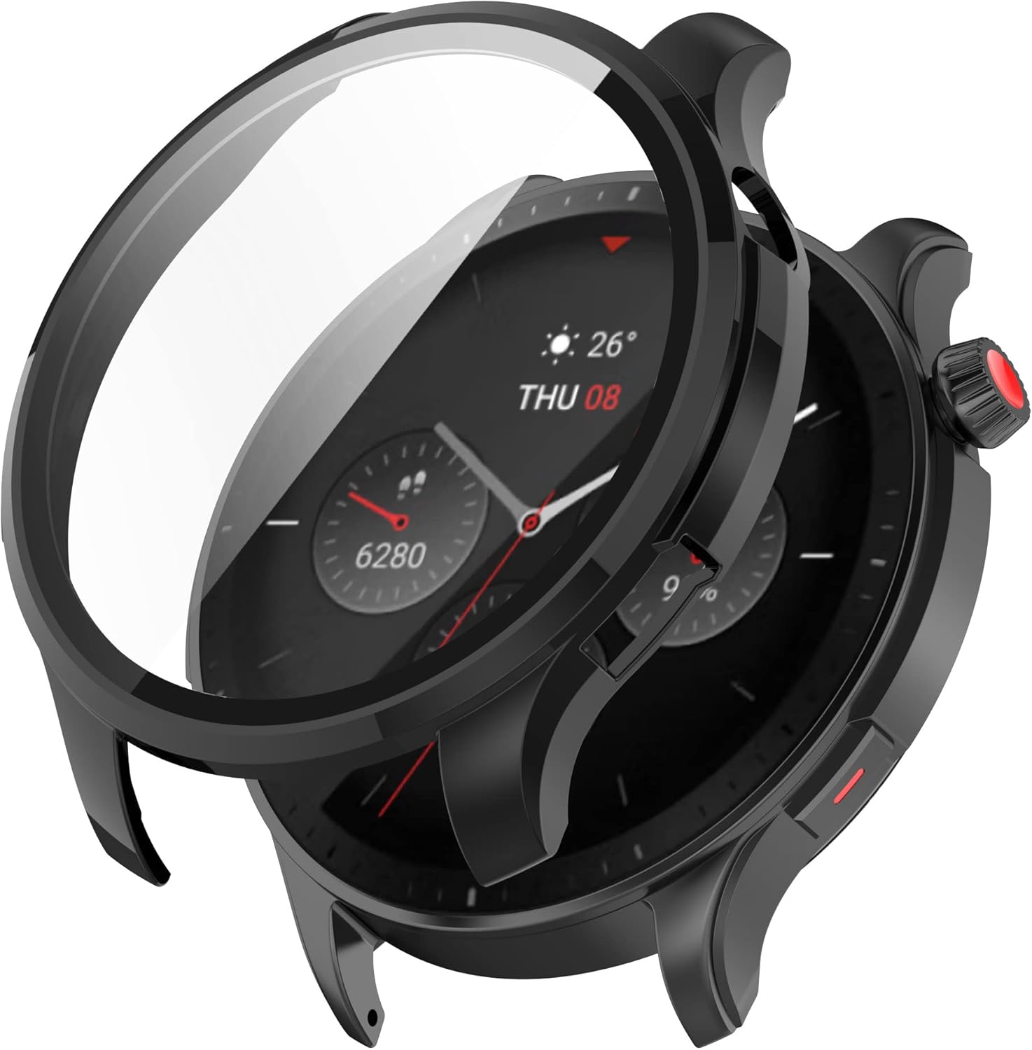 FitTurn 3PACK เคสพีซีแข็งแบบเข้ากันได้กับ Amazfit GTR 4 พร้อมฟิล์มกันรอยหน้าจอกระจกนิรภัย เคสชุบไฟฟ้า ครอบคลุมรอบด้าน กันชนป้องกัน ฟิล์มสมาร์ทโฟน (สีดำ)