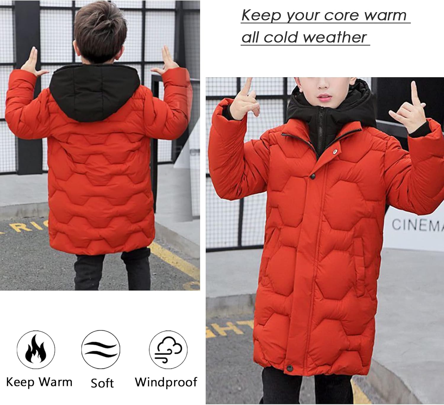 Happy Cherry Boys Mid Long Winter Coat Quilted Down Puffer Parka Jacket Hooded Heavyweight Thicken Coats Outwear for Kids