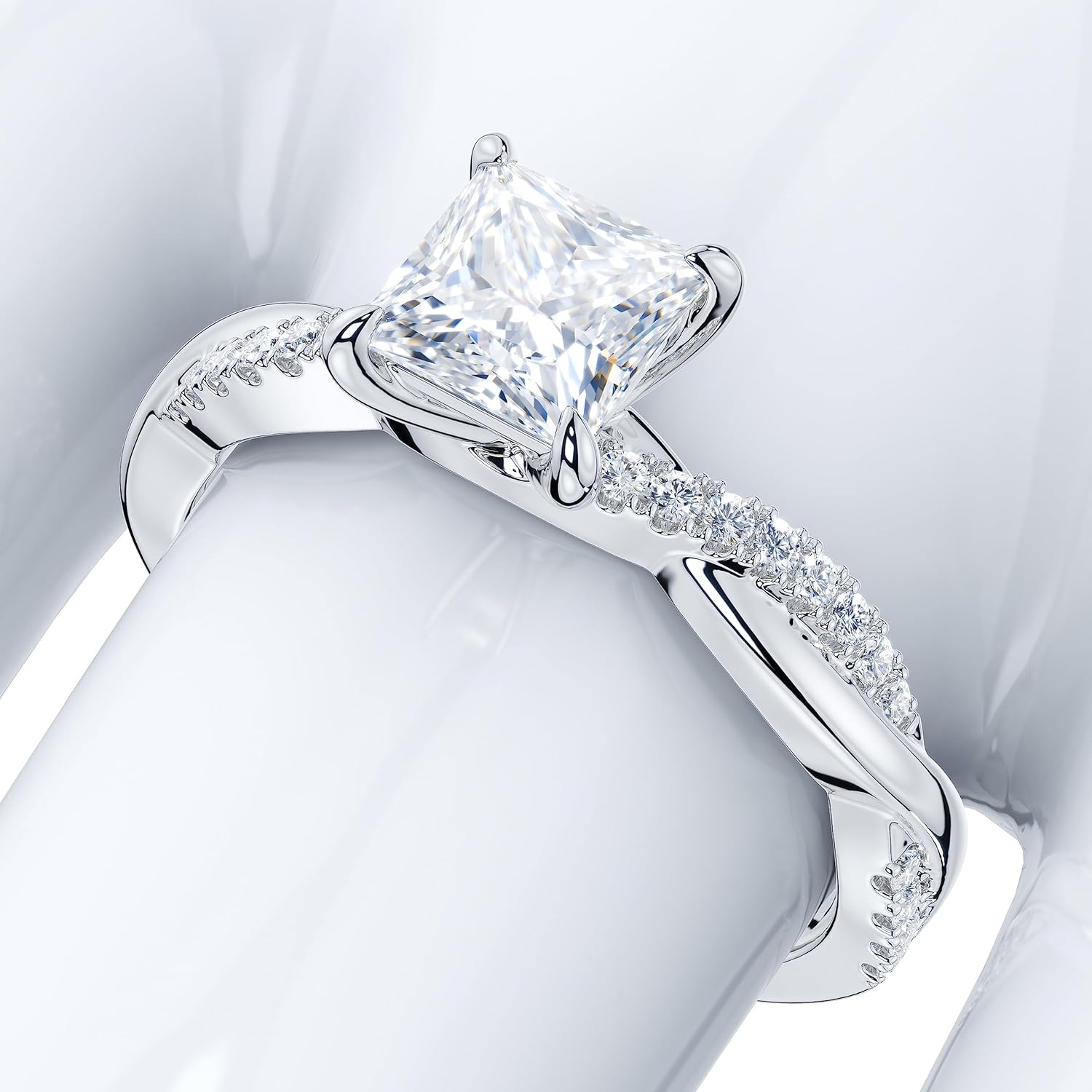Solid 10k White Gold 4-Prong Petite Twisted Vine 1CT Princess Cut Simulated Diamond Engagement Ring Promise Ring · v2