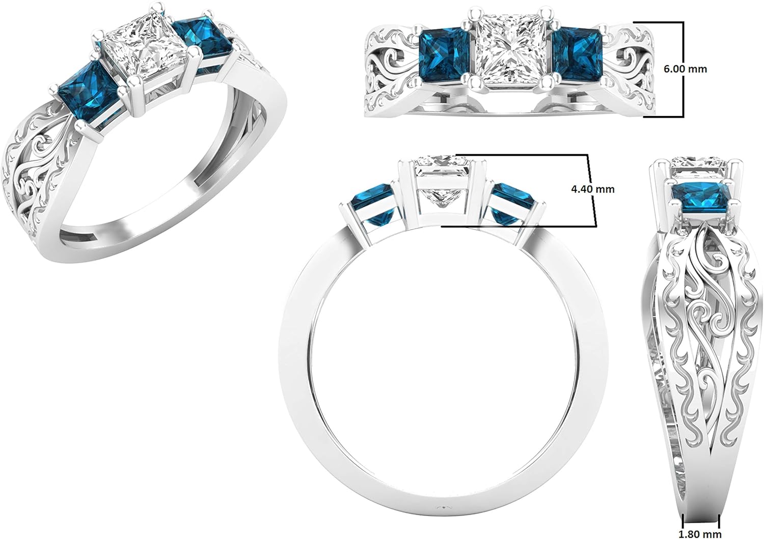 Dazzlingrock Collection 1.15 Cttw Princess White  Blue Diamond Womens Three Stone Engagement Ring, Available in 10K/14K/18K Solid Gold amp; 925 Sterling Silver · v4