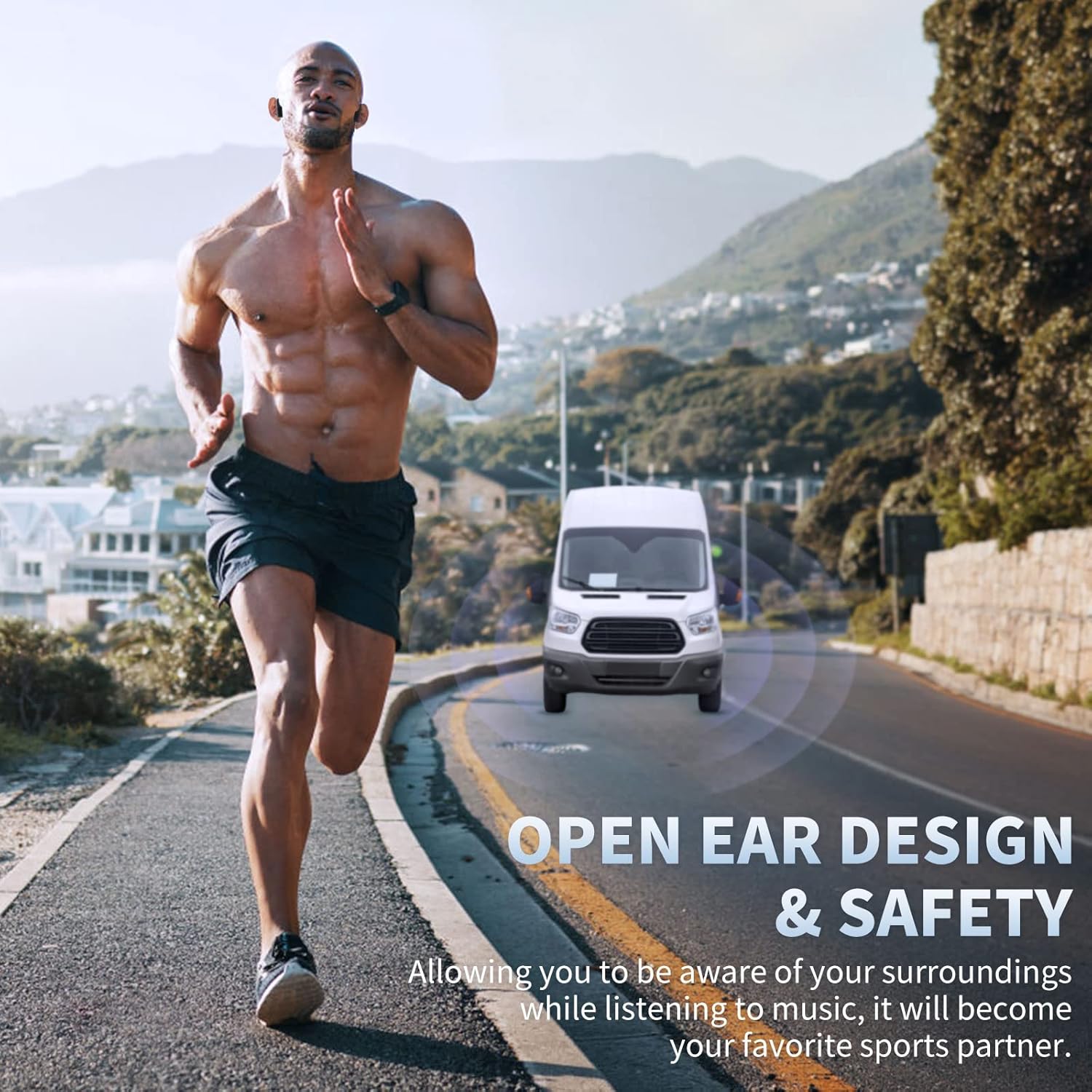 หูฟังแบบ Bone Conduction ระดับพรีเมียม หูฟังแบบเปิดหูพร้อมไมโครโฟนสำหรับเล่นกีฬา หูฟังไร้สายแบบกันเหงื่อ กันน้ำ สำหรับการวิ่ง ออกกำลังกาย เดินป่า ขี่จักรยาน