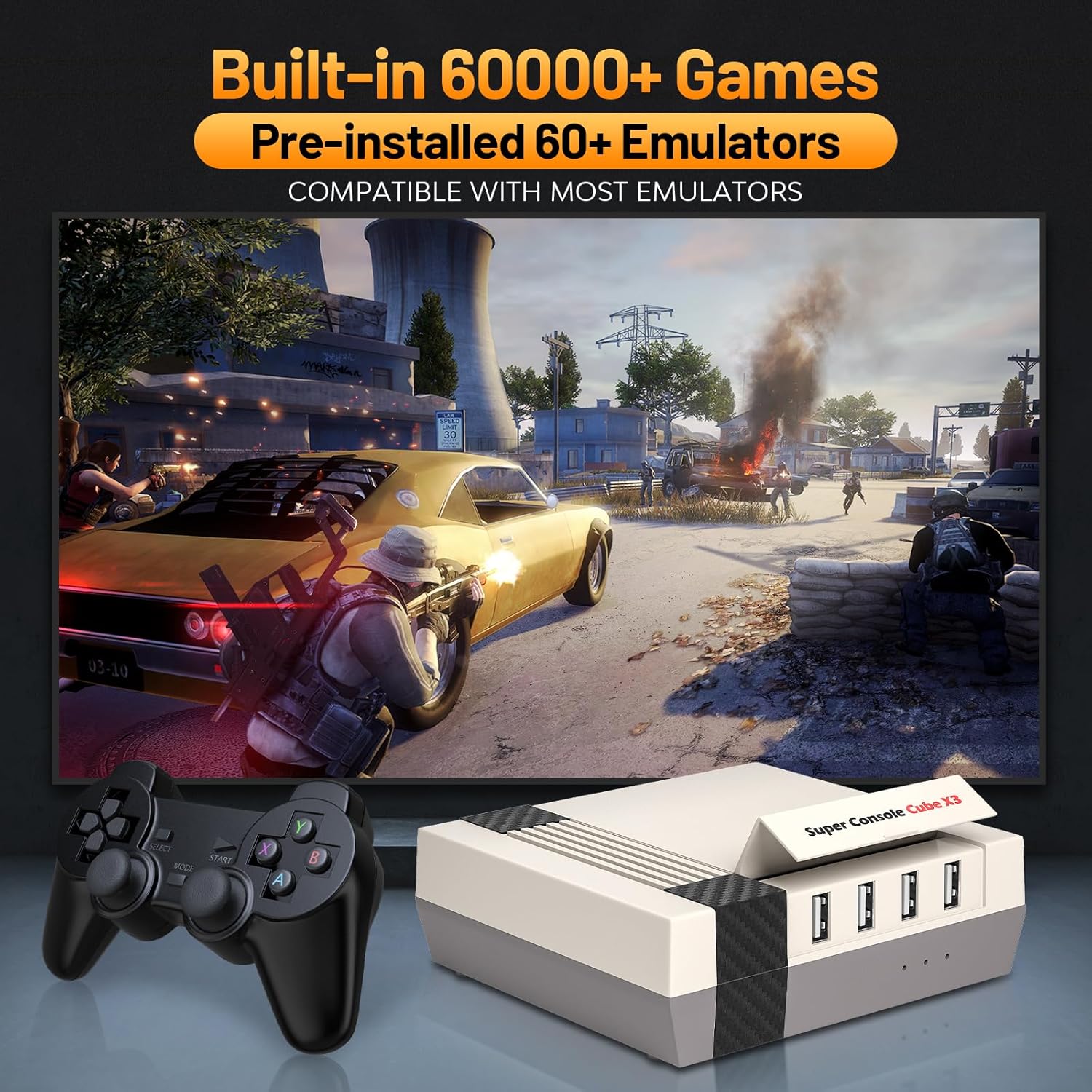 Máy chơi game cổ điển Kinhank Super Console Cube X3 với 60000 trò chơi, EmuELEC 4.5/Android 9.0/CoreE 3 hệ thống trong 1,2.4G 5G, BT 4.0, Tương thích với 65 trình giả lập