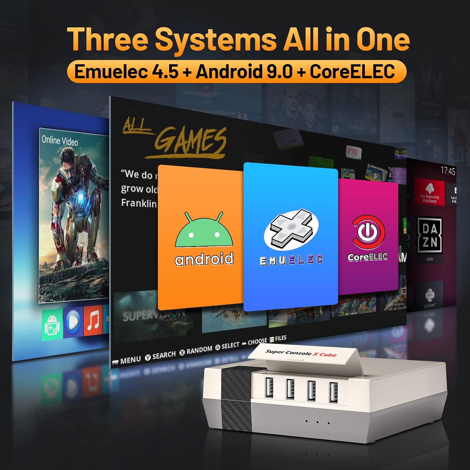 Máy chơi game cổ điển Kinhank Super Console Cube X3 với 60000 trò chơi, EmuELEC 4.5/Android 9.0/CoreE 3 hệ thống trong 1,2.4G 5G, BT 4.0, Tương thích với 65 trình giả lập