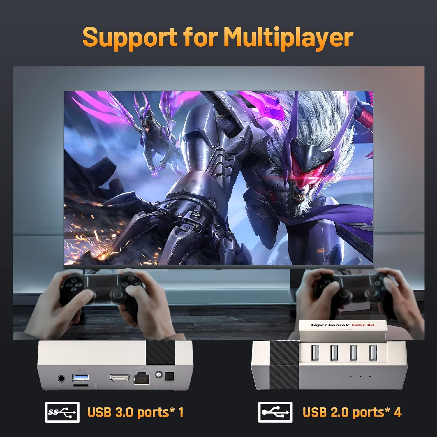 Máy chơi game cổ điển Kinhank Super Console Cube X3 với 60000 trò chơi, EmuELEC 4.5/Android 9.0/CoreE 3 hệ thống trong 1,2.4G 5G, BT 4.0, Tương thích với 65 trình giả lập