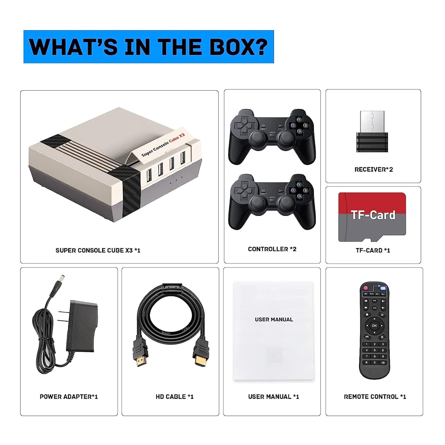 Máy chơi game cổ điển Kinhank Super Console Cube X3 với 60000 trò chơi, EmuELEC 4.5/Android 9.0/CoreE 3 hệ thống trong 1,2.4G 5G, BT 4.0, Tương thích với 65 trình giả lập